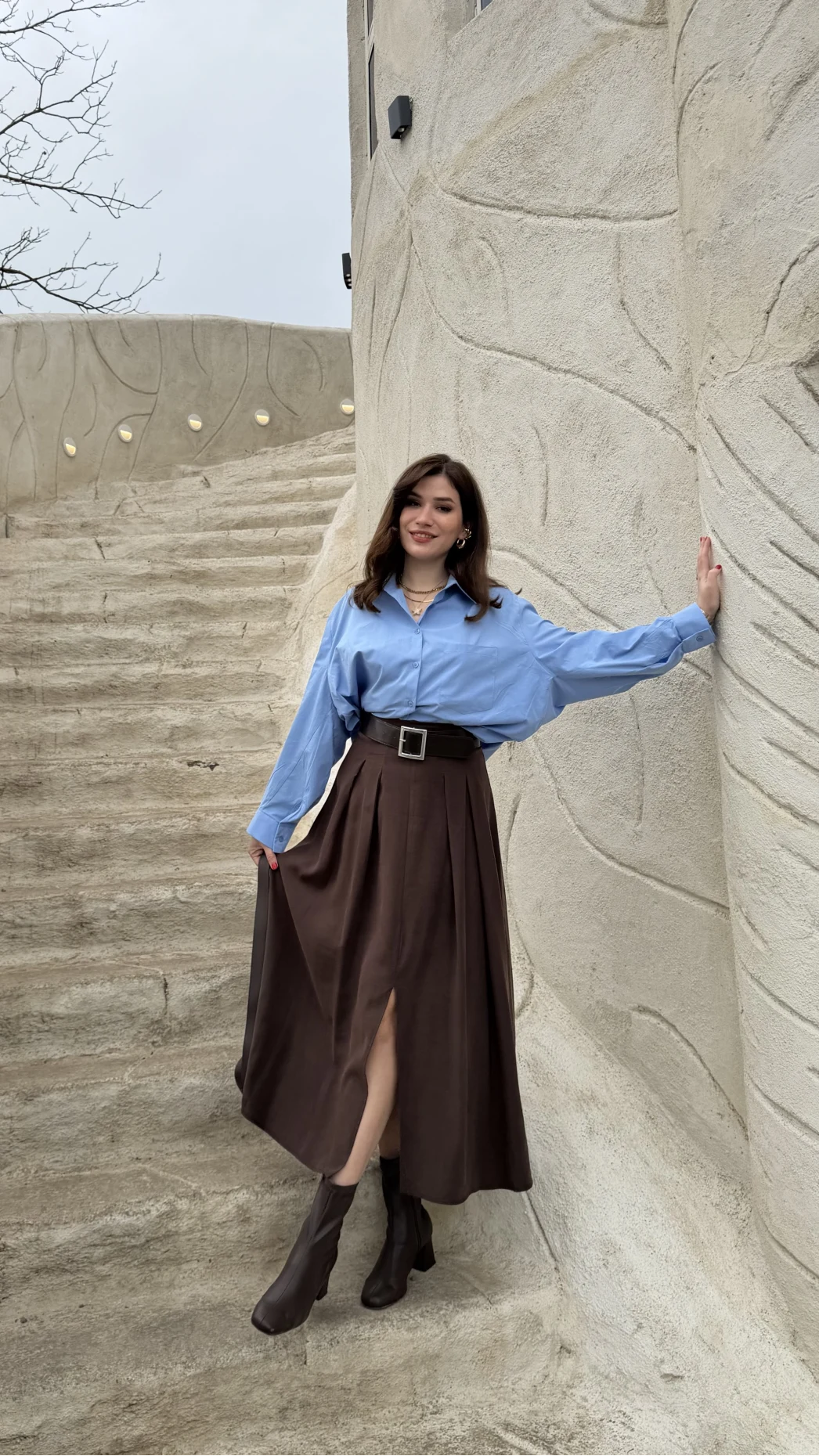 Bitter Kemerli Pileli Yırtmaç Detay Midi Boy Etek - Acı Kahve - Kod: 5043