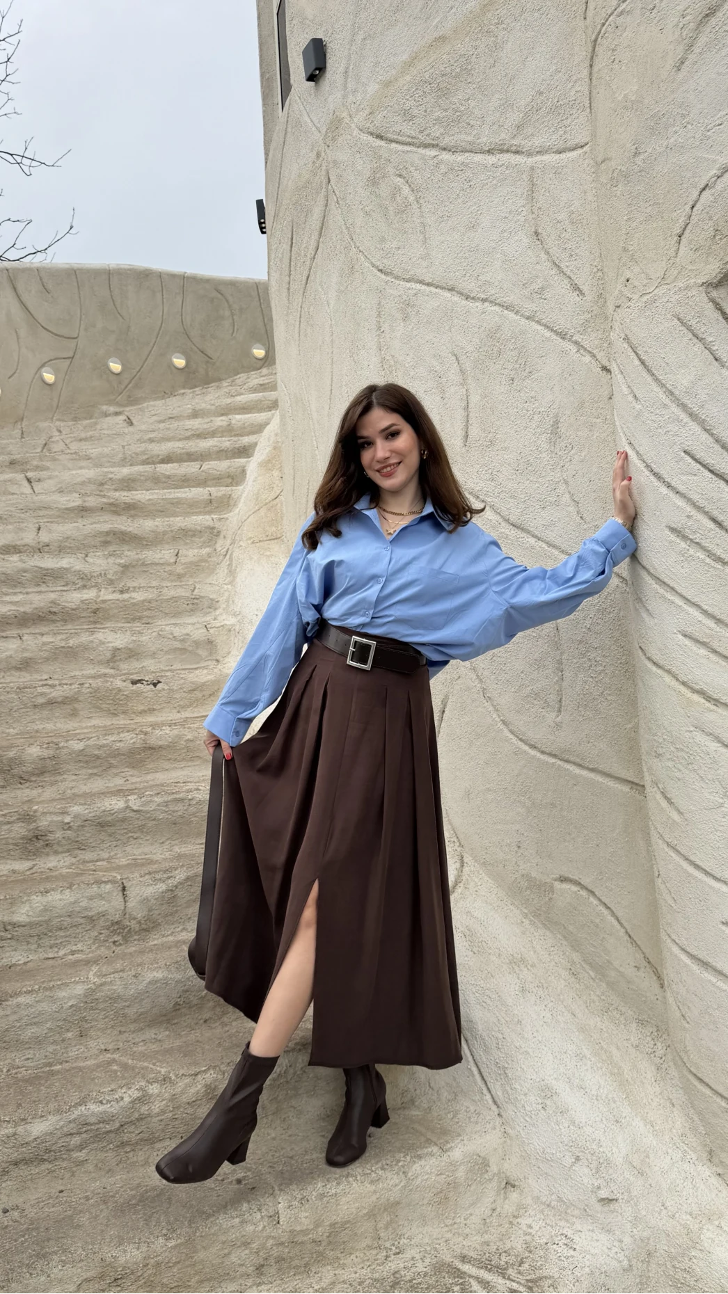 Bitter Kemerli Pileli Yırtmaç Detay Midi Boy Etek - Acı Kahve - Kod: 5043