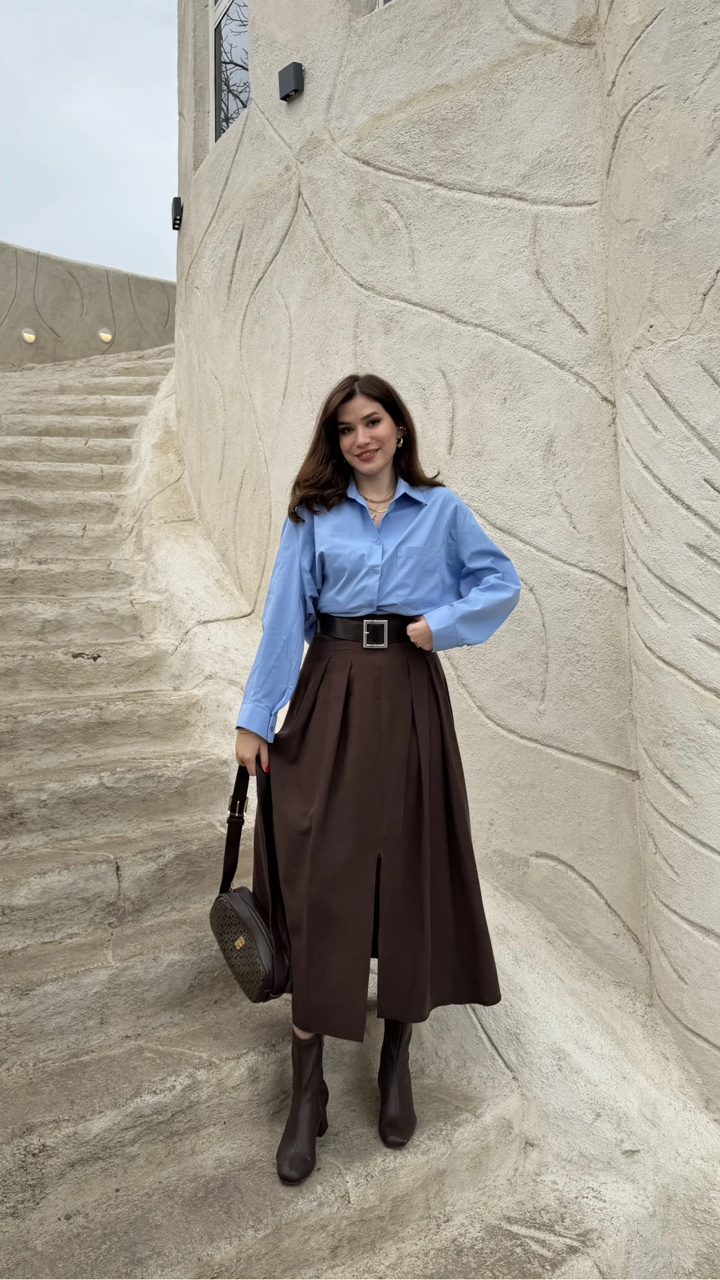 Bitter Kemerli Pileli Yırtmaç Detay Midi Boy Etek - Acı Kahve - Kod: 5043