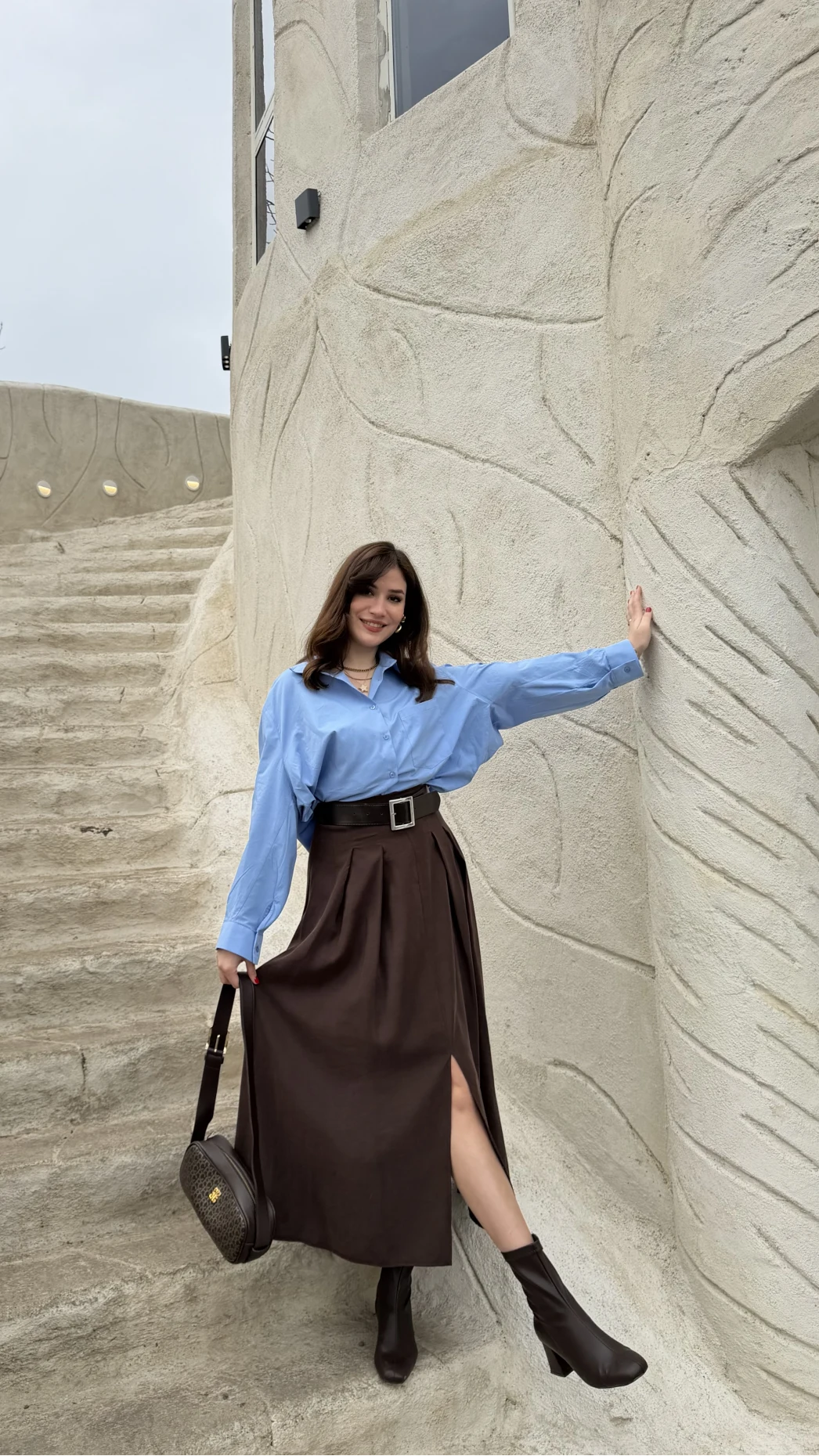 Bitter Kemerli Pileli Yırtmaç Detay Midi Boy Etek - Acı Kahve - Kod: 5043