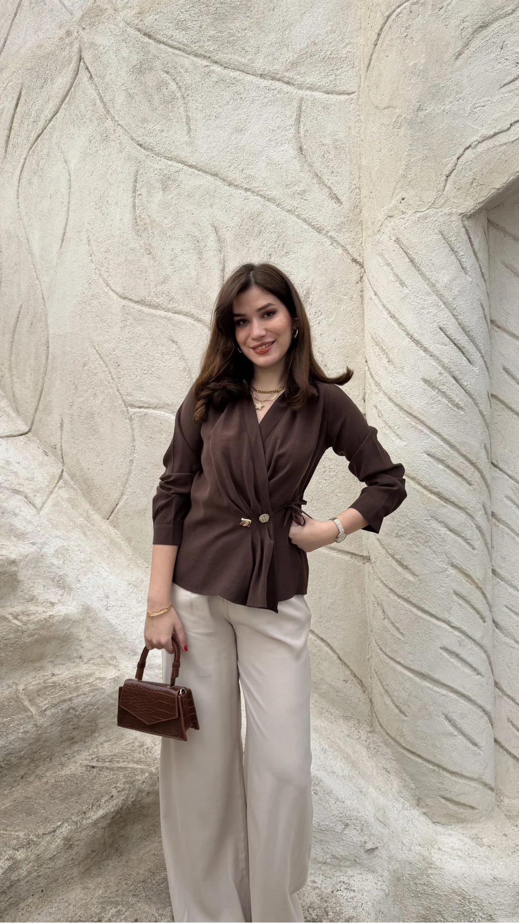 Aksesuar Detay Kimono Gömlek - Acı Kahve - Kod: 2203