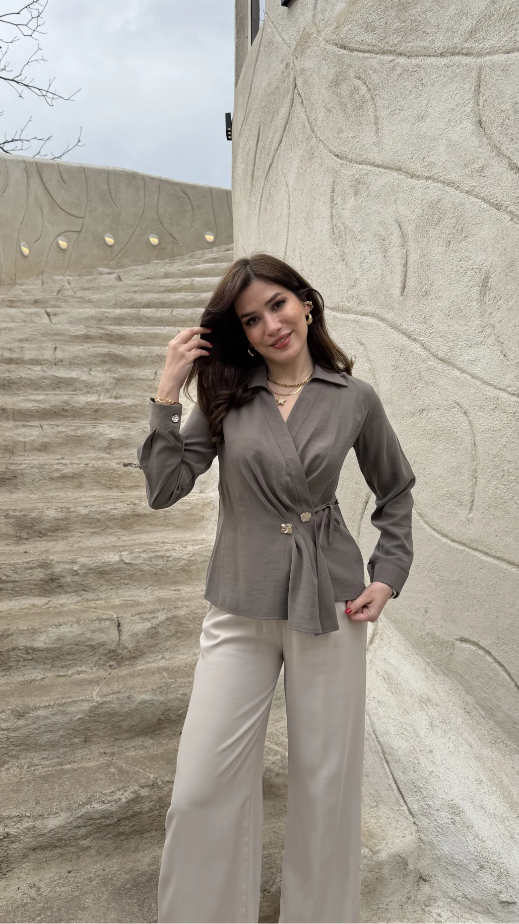 Aksesuar Detay Kimono Gömlek - Haki - Kod: 2203