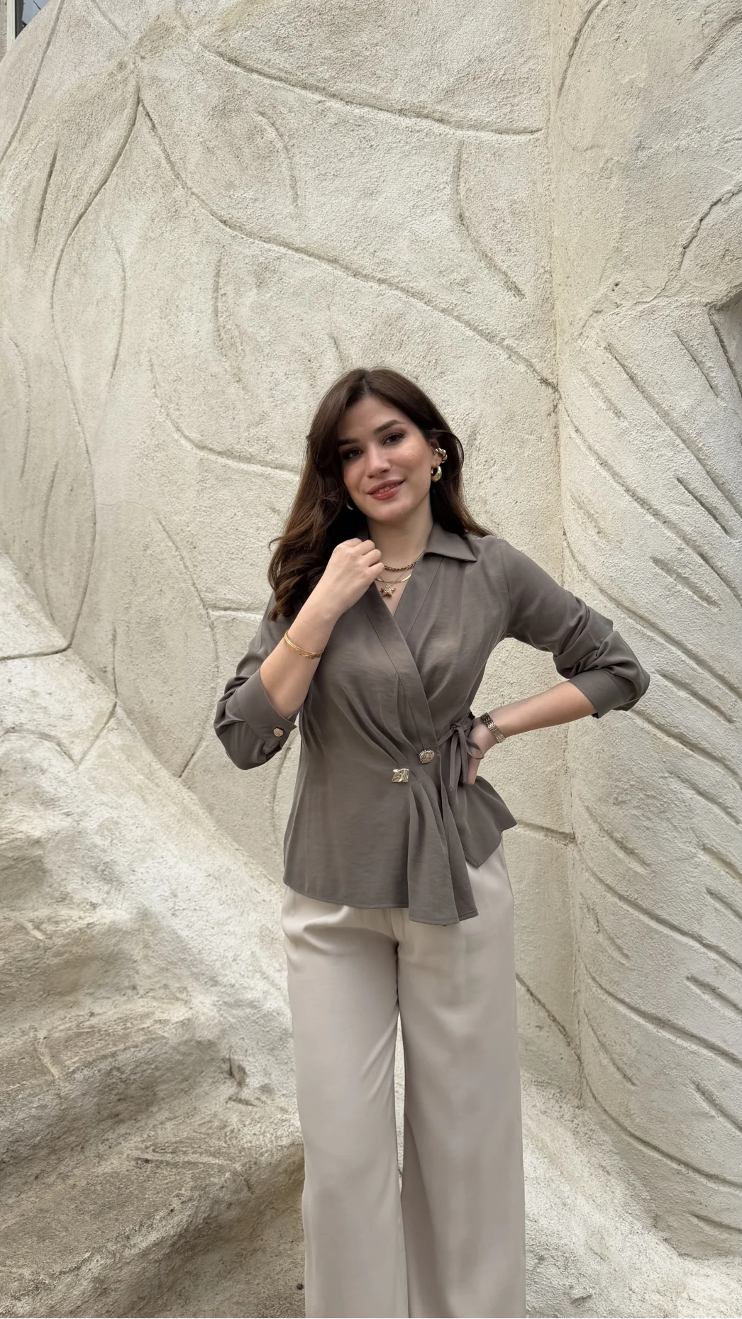 Aksesuar Detay Kimono Gömlek - Haki - Kod: 2203