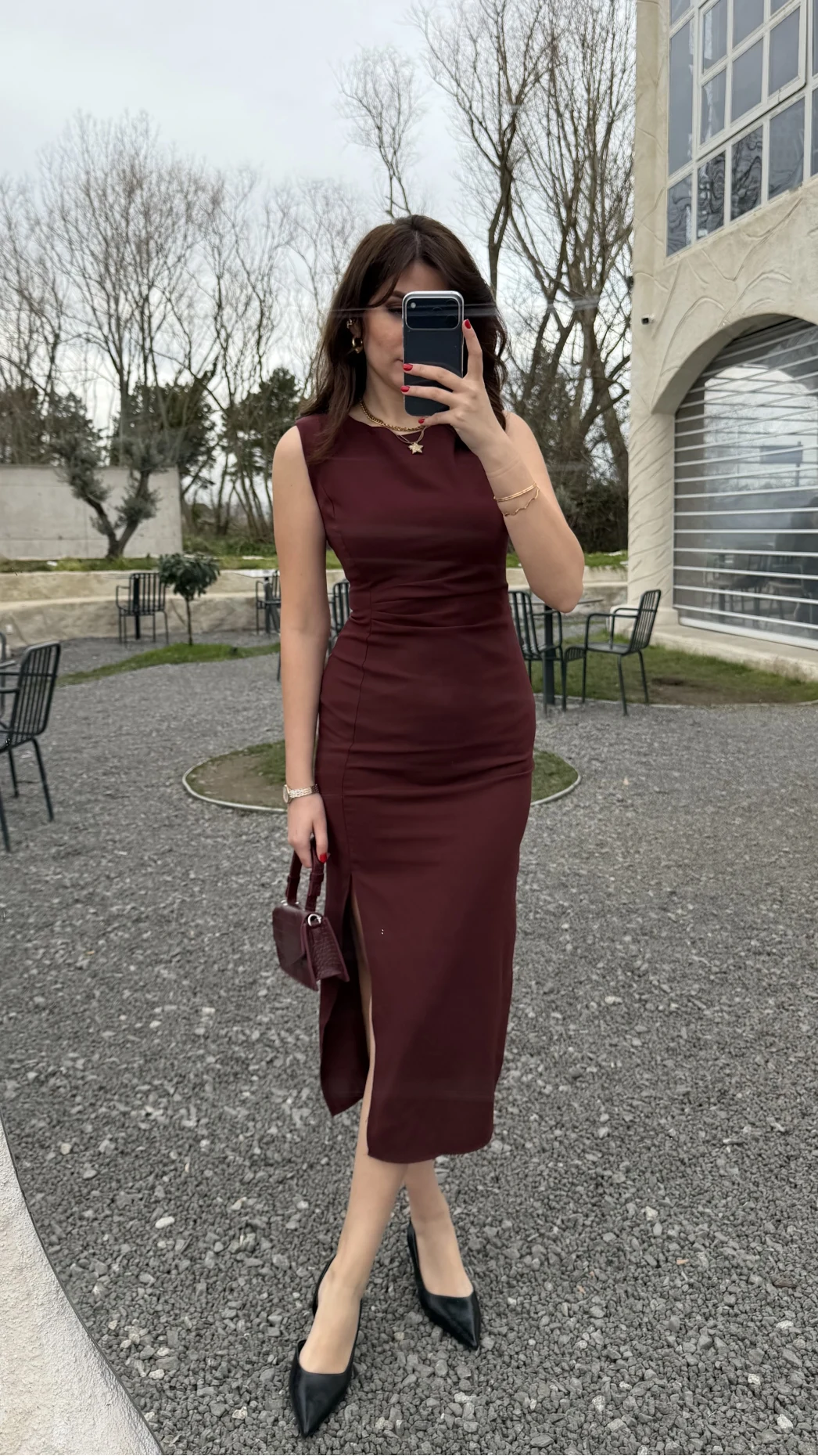 Jenny Pile Detay Yırtmaçlı Sıfır Kol Elbise - Bordo - Kod: 0572