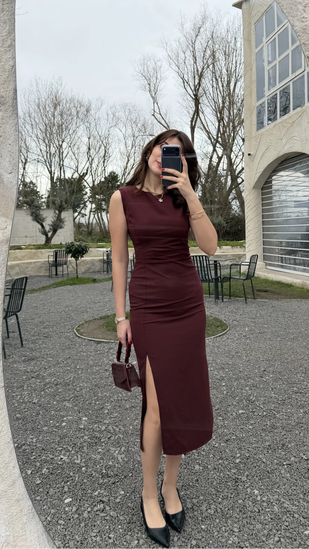 Jenny Pile Detay Yırtmaçlı Sıfır Kol Elbise - Bordo - Kod: 0572