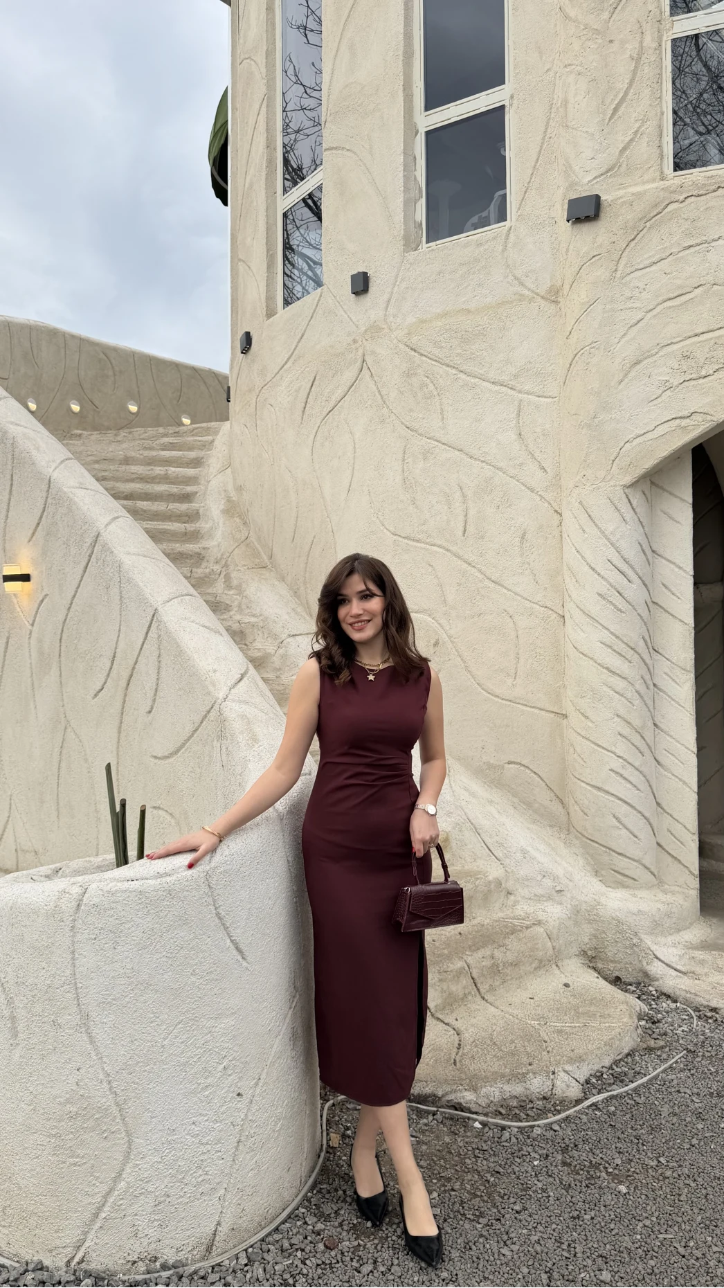 Jenny Pile Detay Yırtmaçlı Sıfır Kol Elbise - Bordo - Kod: 0572