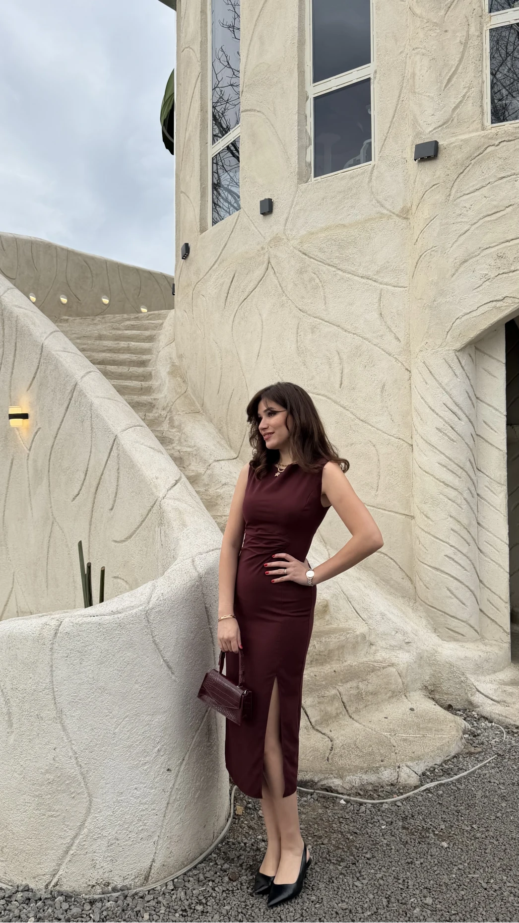 Jenny Pile Detay Yırtmaçlı Sıfır Kol Elbise - Bordo - Kod: 0572