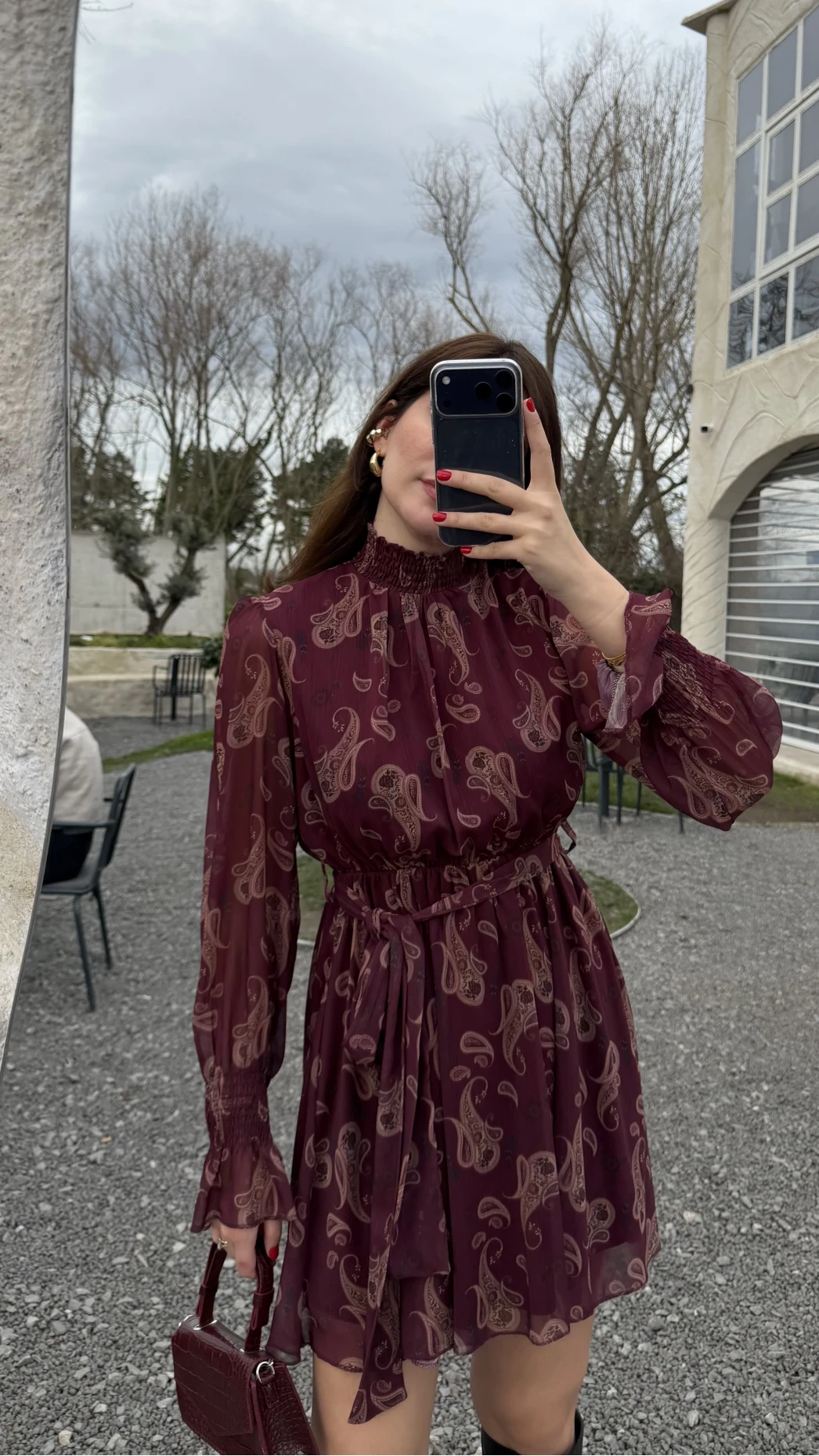 Eliora Kuşaklı Gipeli Desenli Şifon Elbise - Bordo - Kod: 0933