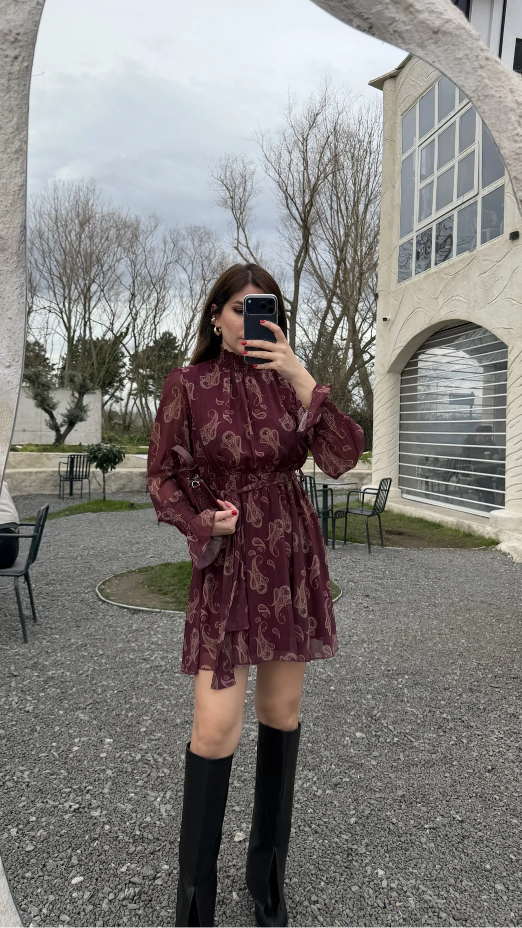 Eliora Kuşaklı Gipeli Desenli Şifon Elbise - Bordo - Kod: 0933