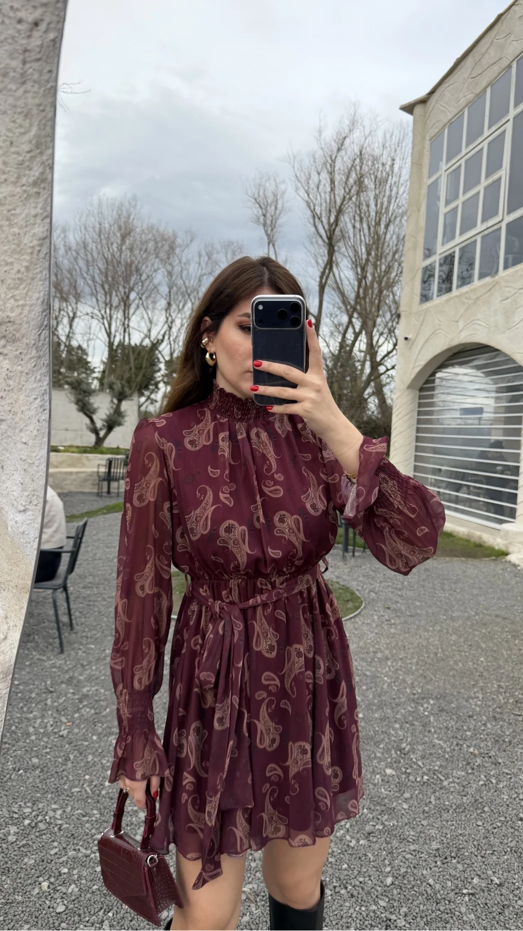 Eliora Kuşaklı Gipeli Desenli Şifon Elbise - Bordo - Kod: 0933