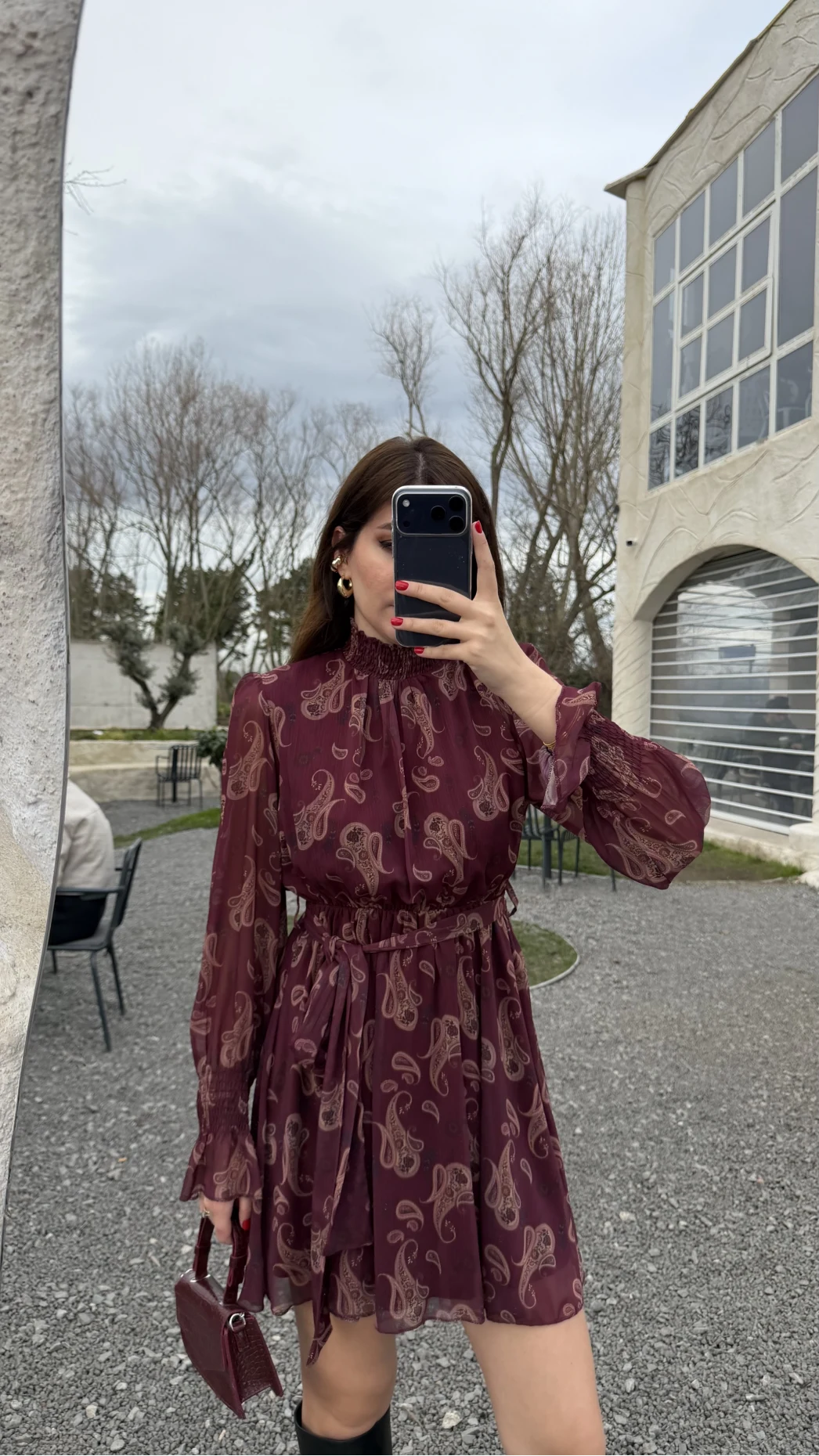 Eliora Kuşaklı Gipeli Desenli Şifon Elbise - Bordo - Kod: 0933