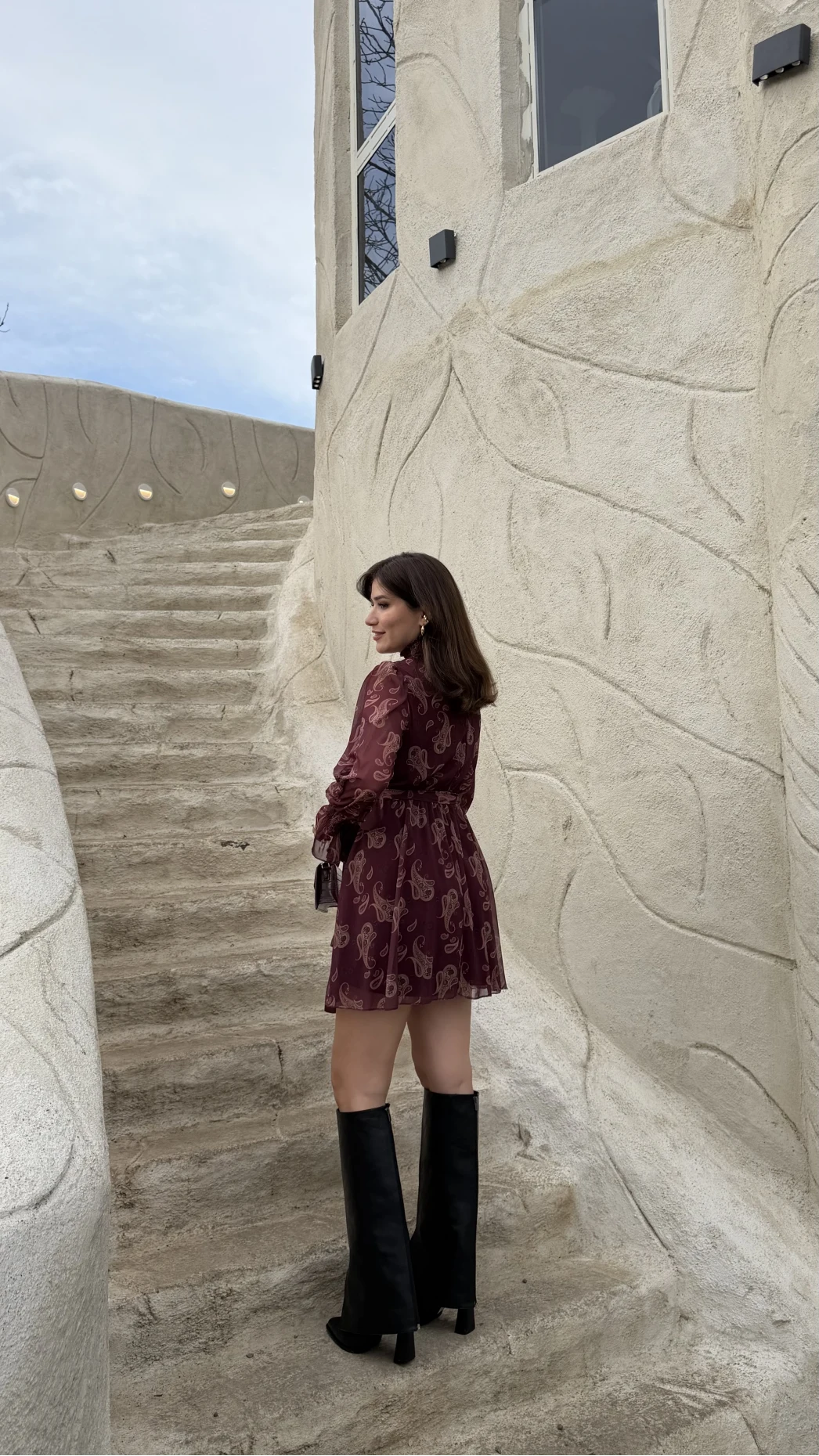 Eliora Kuşaklı Gipeli Desenli Şifon Elbise - Bordo - Kod: 0933