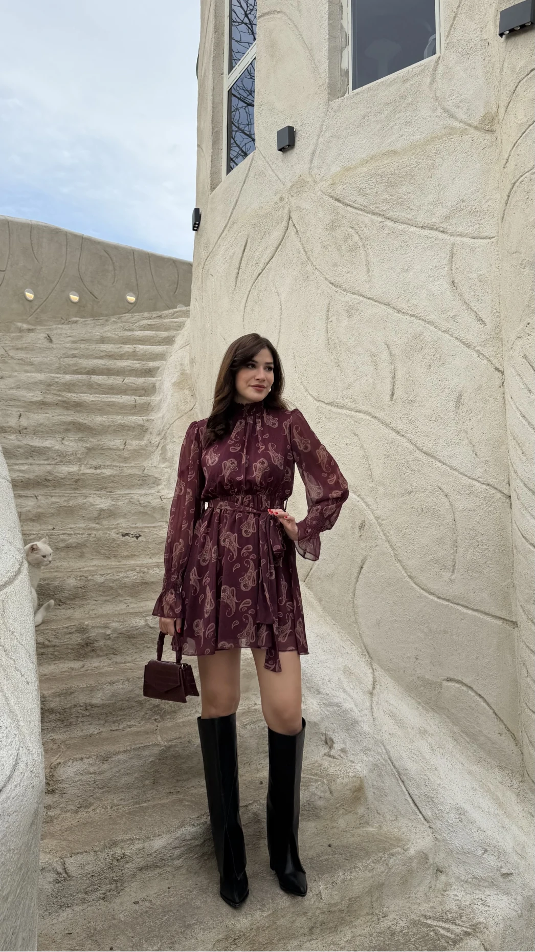 Eliora Kuşaklı Gipeli Desenli Şifon Elbise - Bordo - Kod: 0933