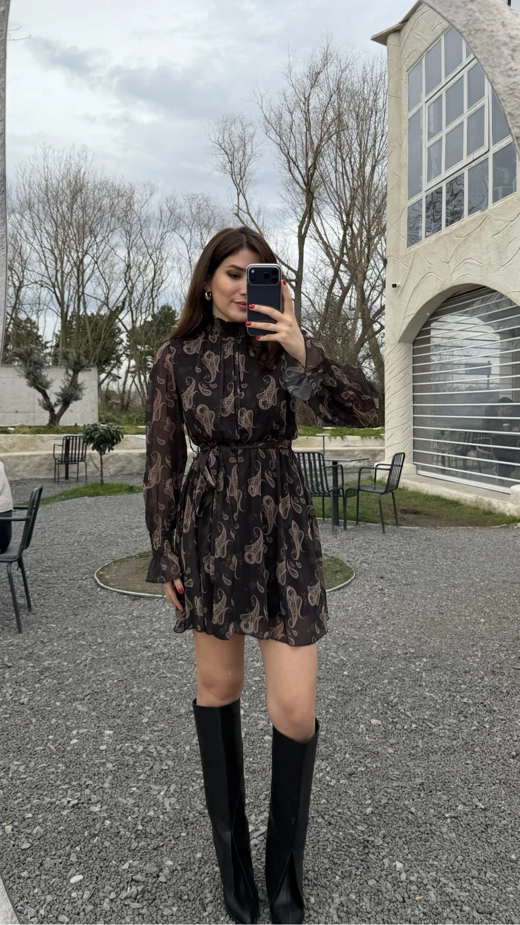 Eliora Kuşaklı Gipeli Desenli Şifon Elbise - Siyah - Kod: 0933