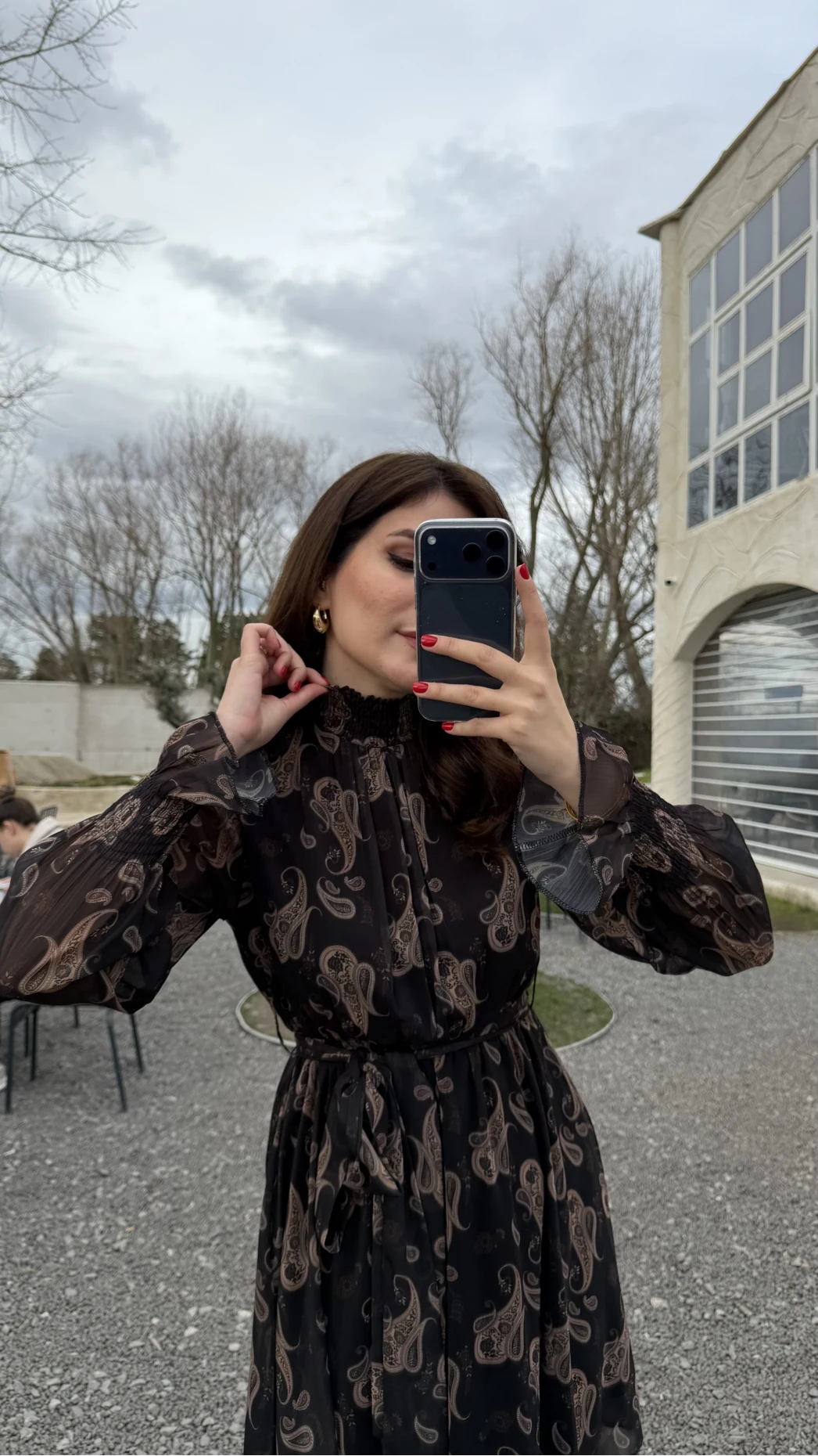 Eliora Kuşaklı Gipeli Desenli Şifon Elbise - Siyah - Kod: 0933