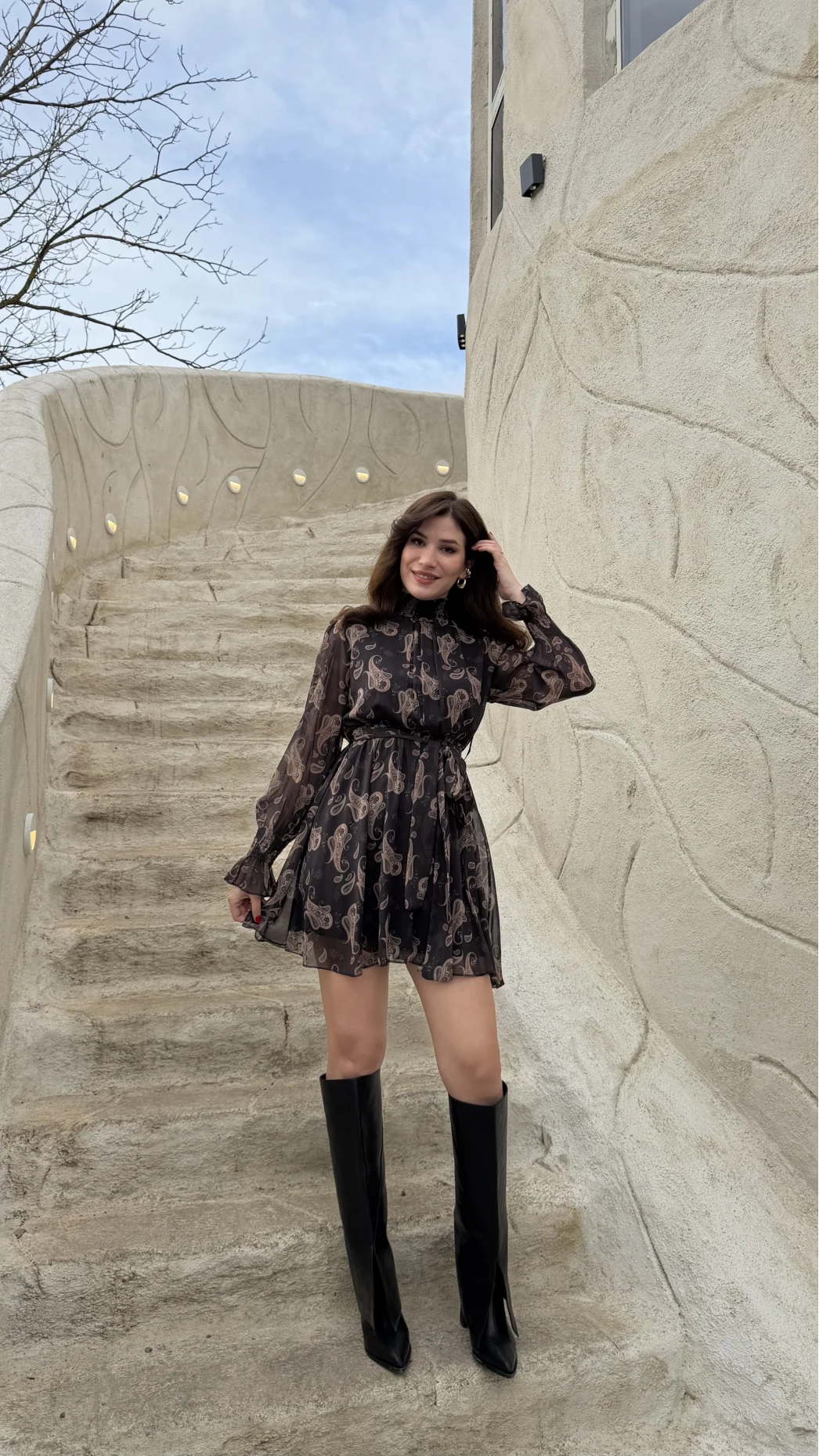 Eliora Kuşaklı Gipeli Desenli Şifon Elbise - Siyah - Kod: 0933