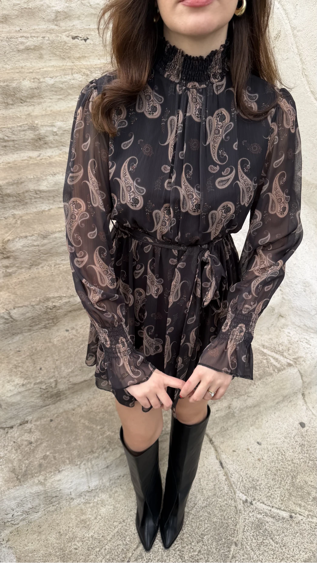 Eliora Kuşaklı Gipeli Desenli Şifon Elbise - Siyah - Kod: 0933