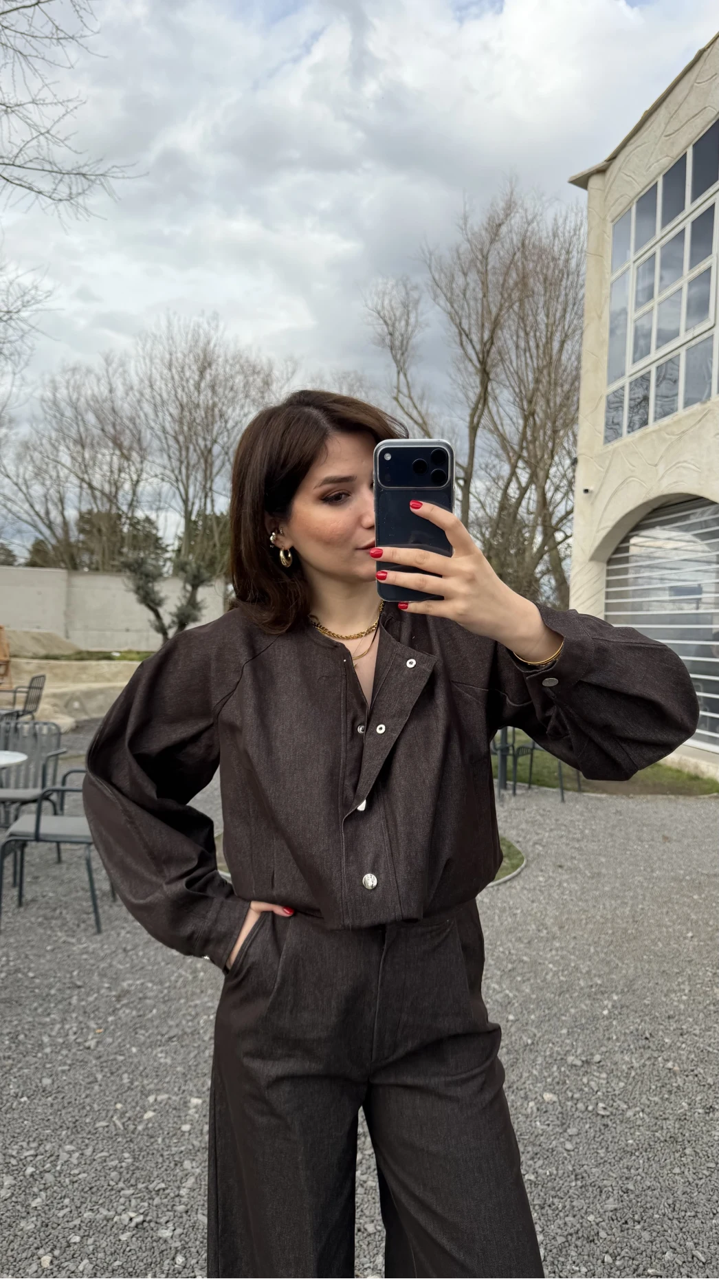 Lena Denim Bomber Ceket Pantolon Takım - Acı Kahve - Kod: 8939