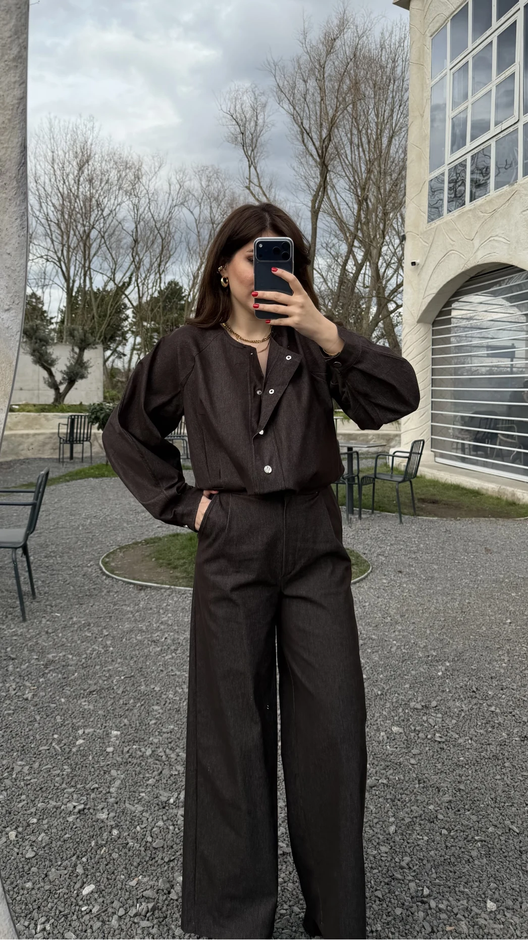 Lena Denim Bomber Ceket Pantolon Takım - Acı Kahve - Kod: 8939