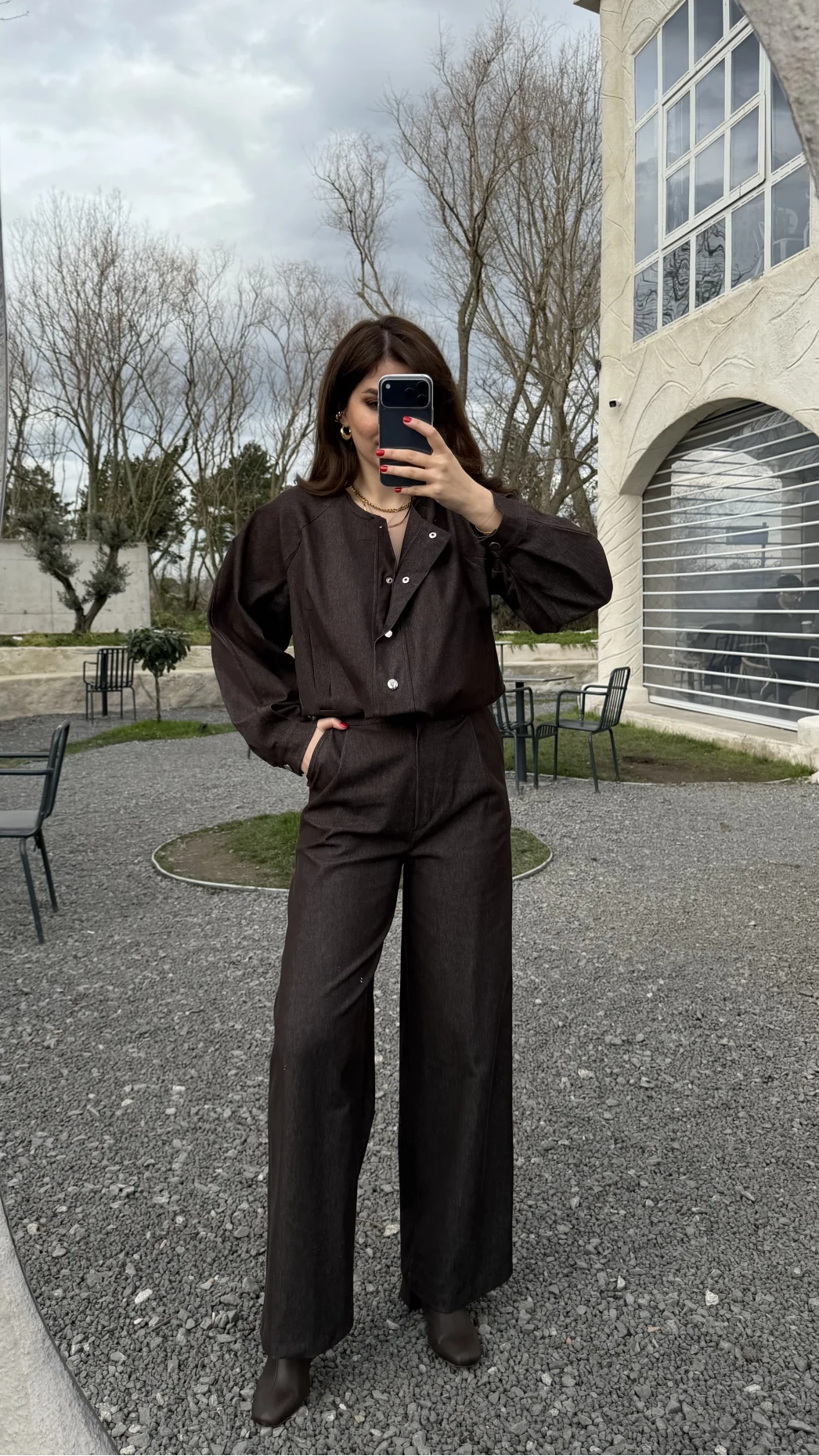 Lena Denim Bomber Ceket Pantolon Takım - Acı Kahve - Kod: 8939