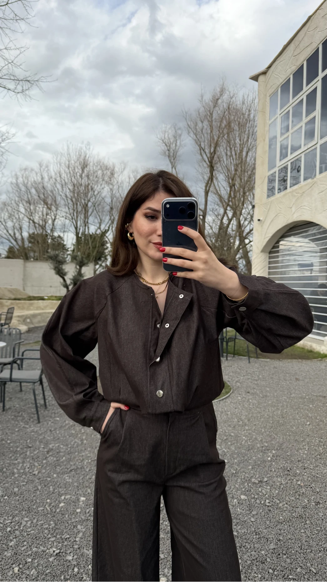 Lena Denim Bomber Ceket Pantolon Takım - Acı Kahve - Kod: 8939