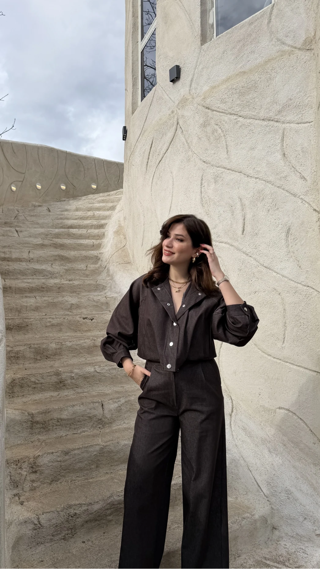 Lena Denim Bomber Ceket Pantolon Takım - Acı Kahve - Kod: 8939