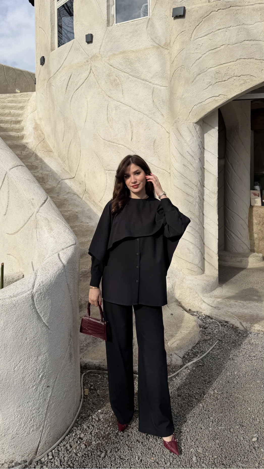 Anastasia Pelerin Detay Gömlek Takım - Siyah - Kod: 8851