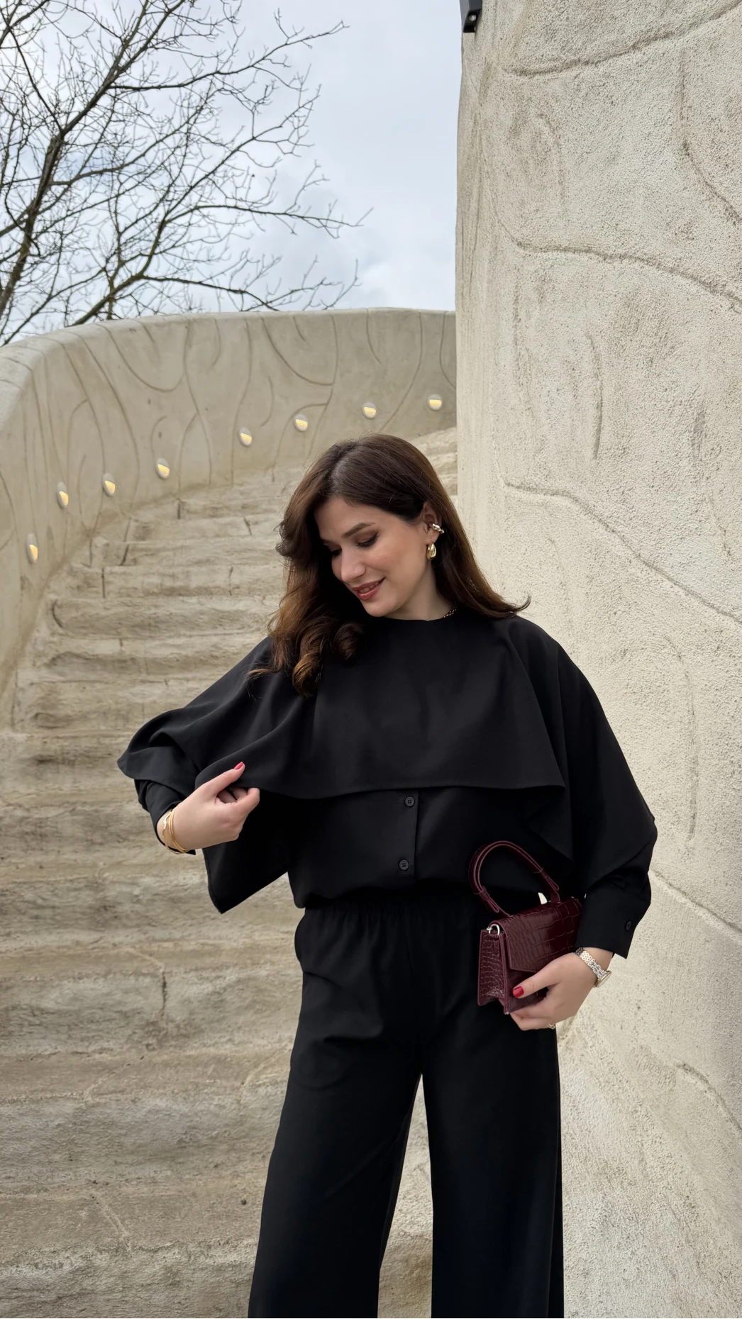 Anastasia Pelerin Detay Gömlek Takım - Siyah - Kod: 8851