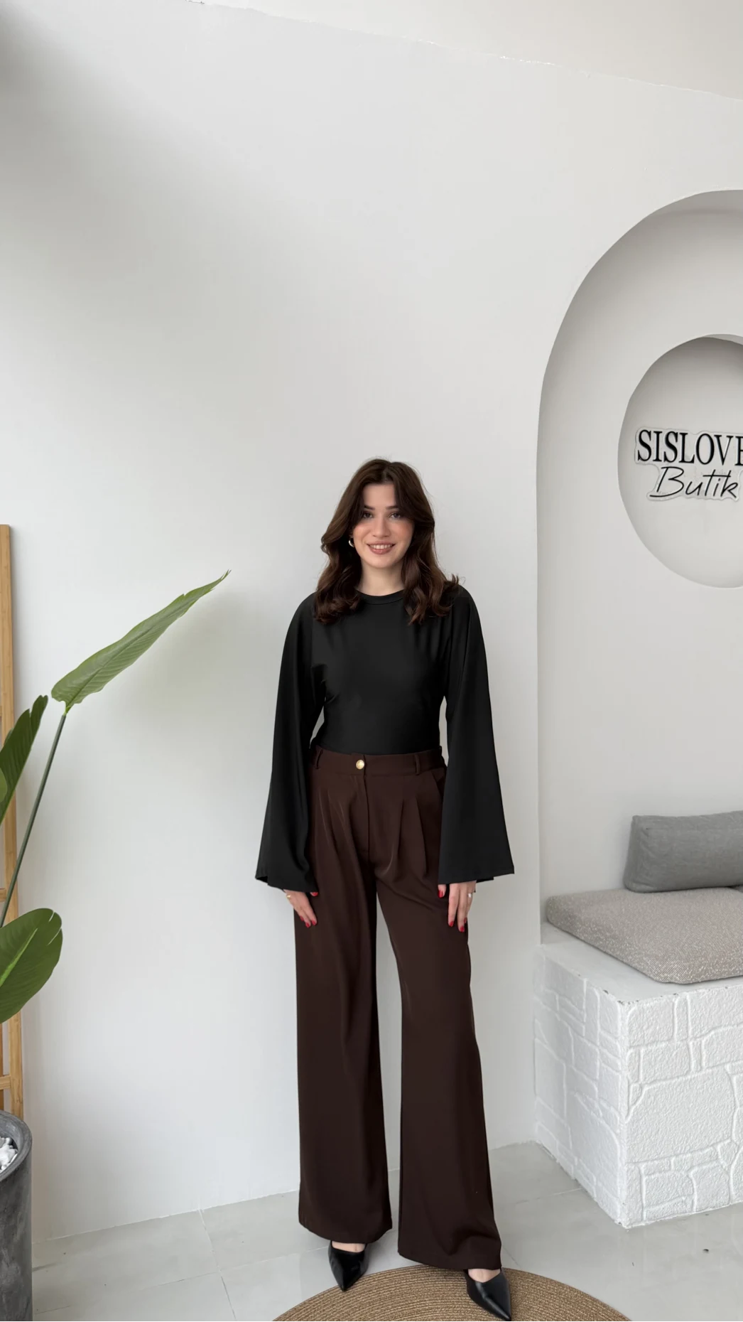 Murph Dökümlü Palazzo Kumaş Pantolon - Acı Kahve - Kod: 26402