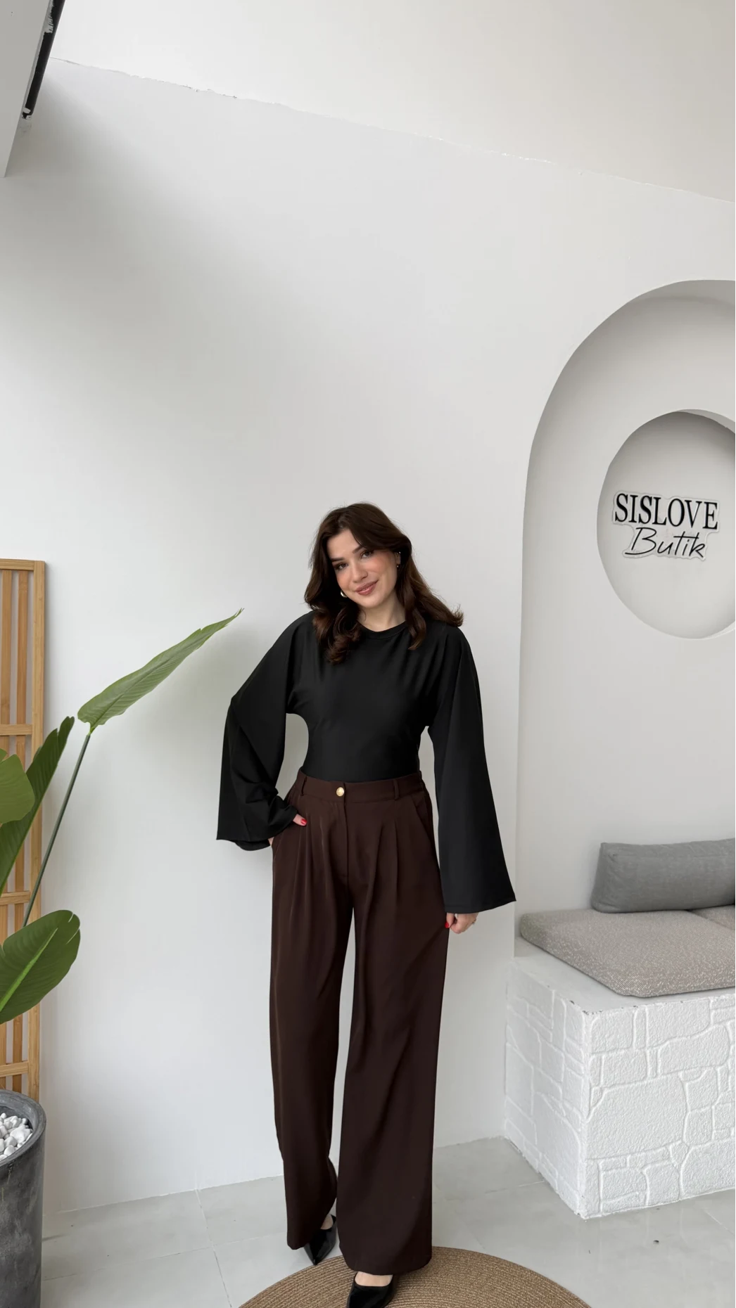 Murph Dökümlü Palazzo Kumaş Pantolon - Acı Kahve - Kod: 26402