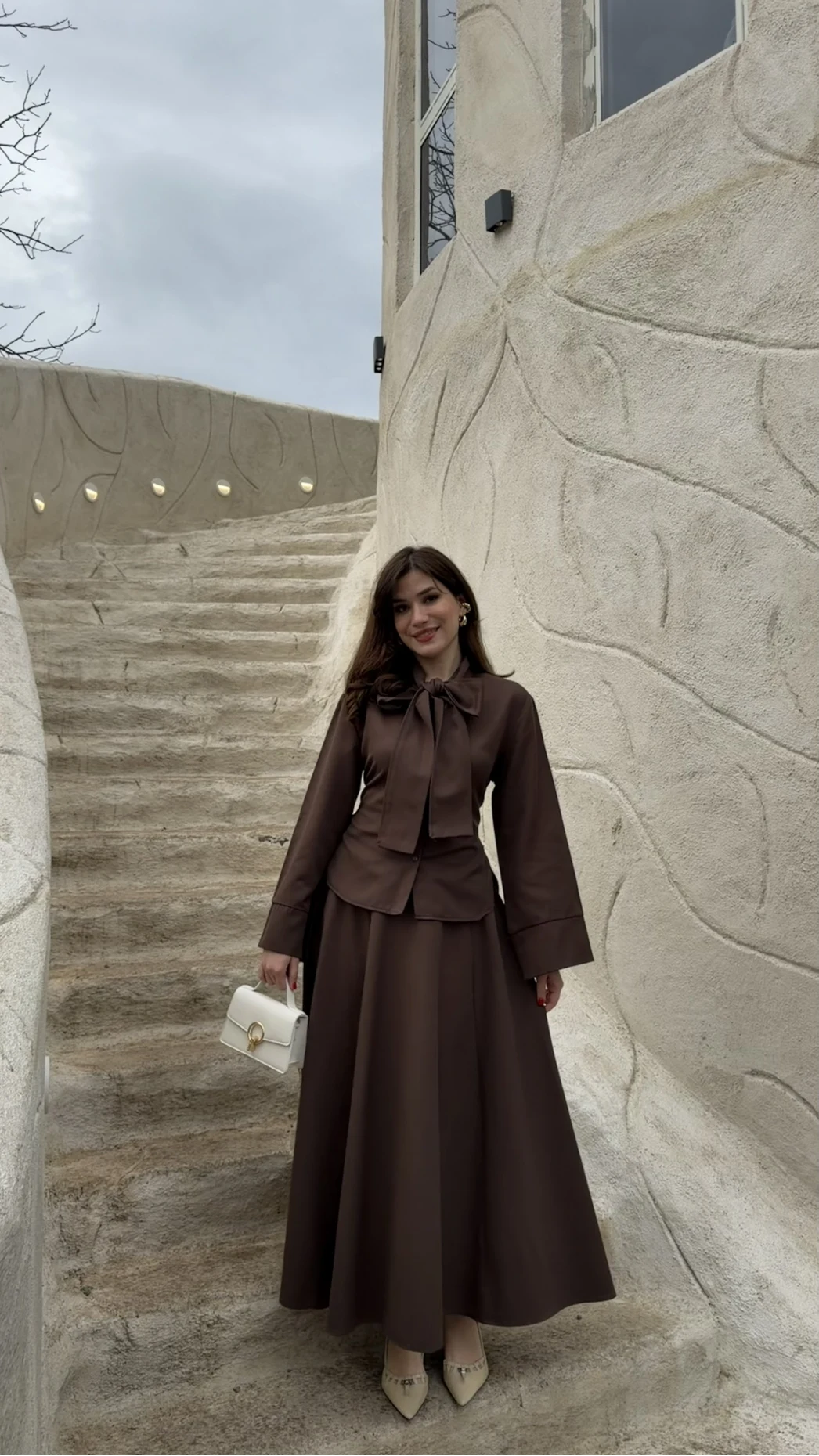 Raquel Fular Yakalı Bağlamalı Gömlek Etek Takım - Acı Kahve - Kod: 266005