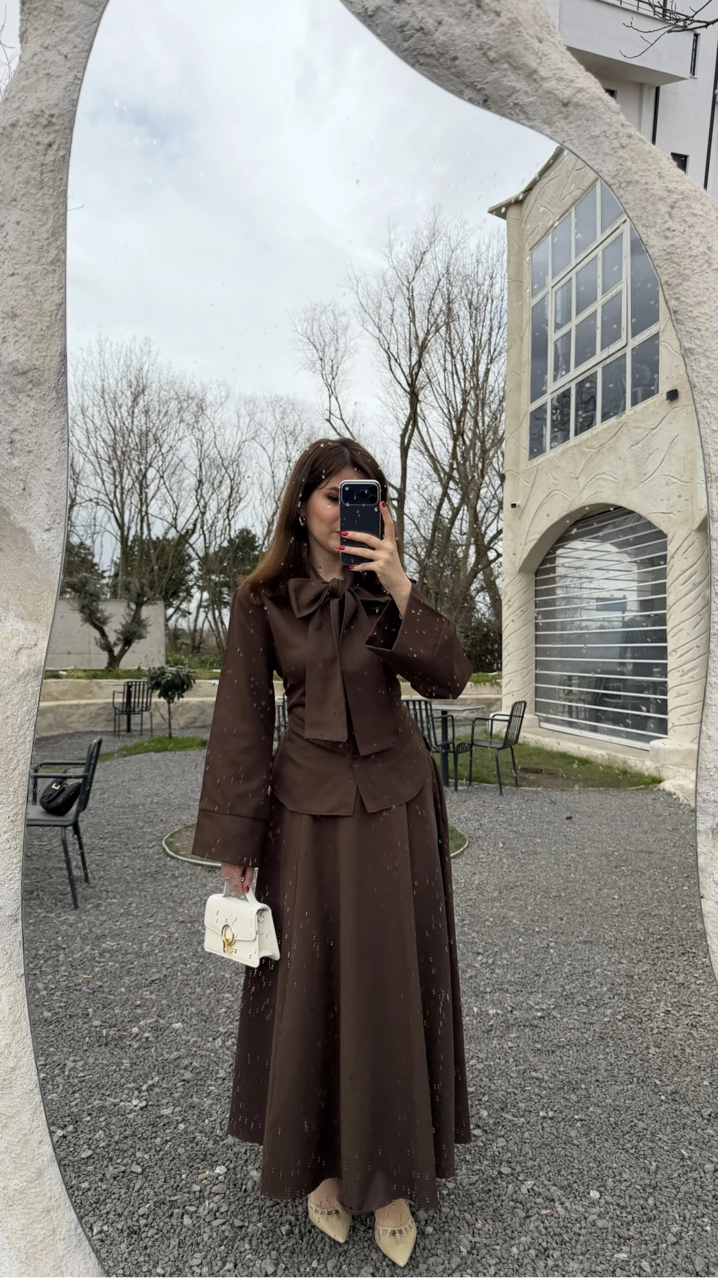 Raquel Fular Yakalı Bağlamalı Gömlek Etek Takım - Acı Kahve - Kod: 266005