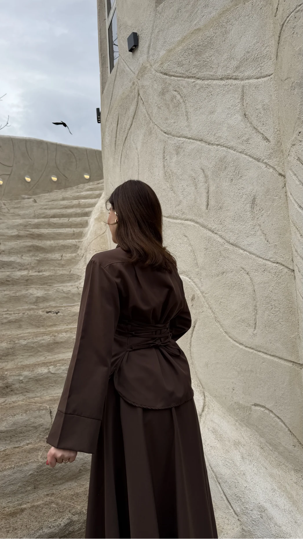 Raquel Fular Yakalı Bağlamalı Gömlek Etek Takım - Acı Kahve - Kod: 266005