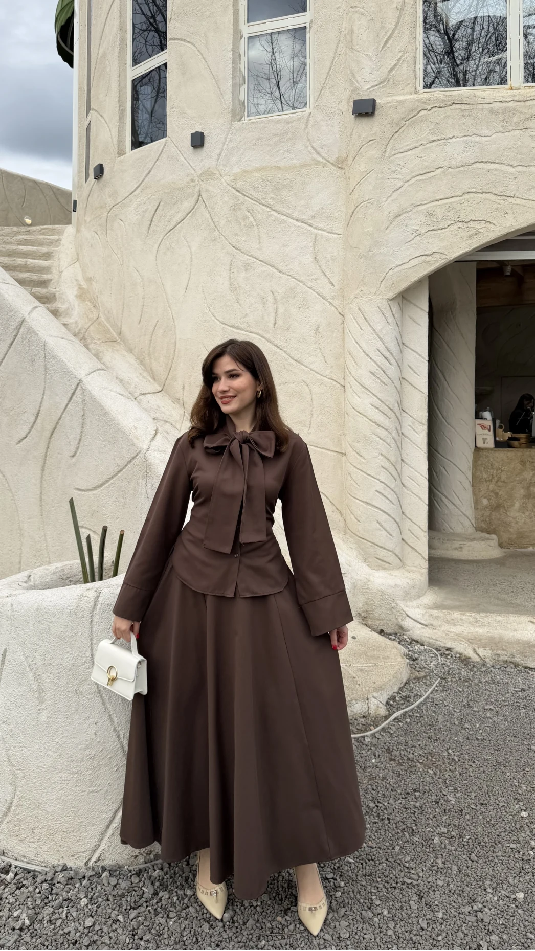 Raquel Fular Yakalı Bağlamalı Gömlek Etek Takım - Acı Kahve - Kod: 266005