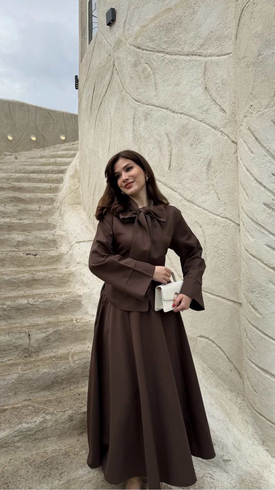 Raquel Fular Yakalı Bağlamalı Gömlek Etek Takım - Acı Kahve - Kod: 266005