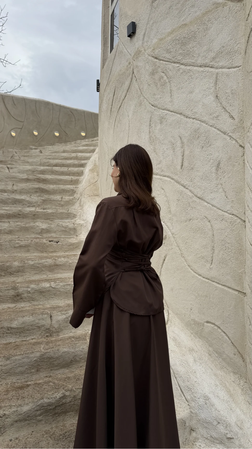 Raquel Fular Yakalı Bağlamalı Gömlek Etek Takım - Acı Kahve - Kod: 266005