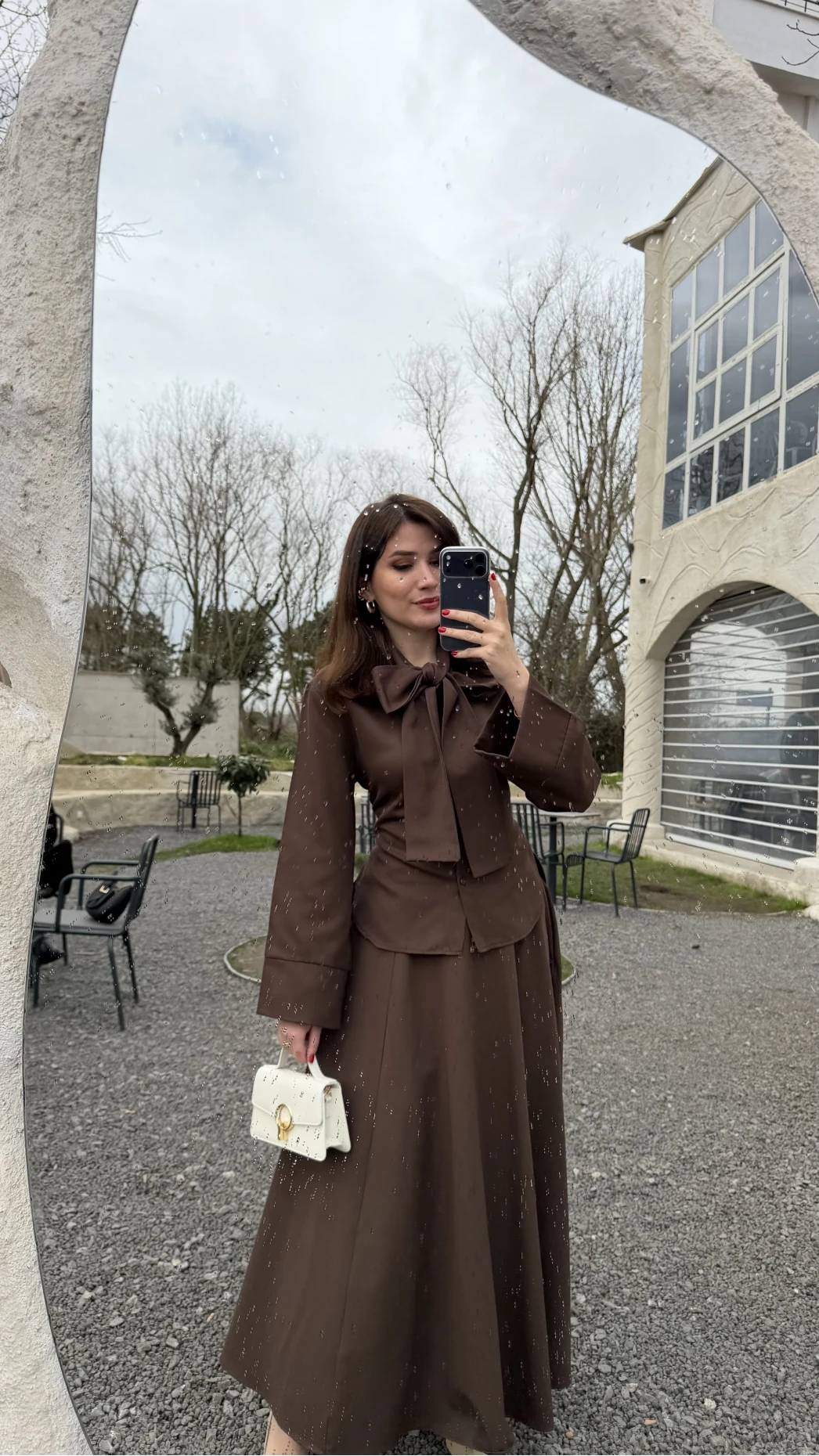 Raquel Fular Yakalı Bağlamalı Gömlek Etek Takım - Acı Kahve - Kod: 266005