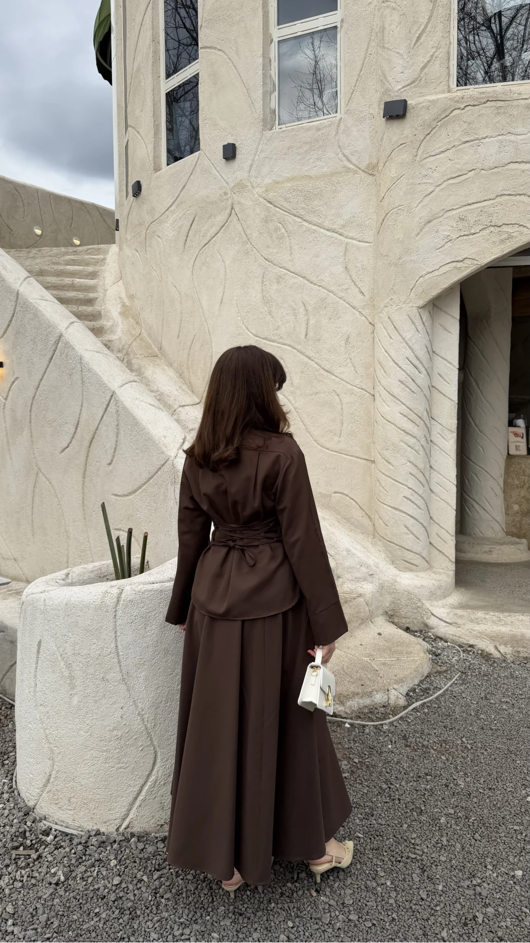 Raquel Fular Yakalı Bağlamalı Gömlek Etek Takım - Acı Kahve - Kod: 266005