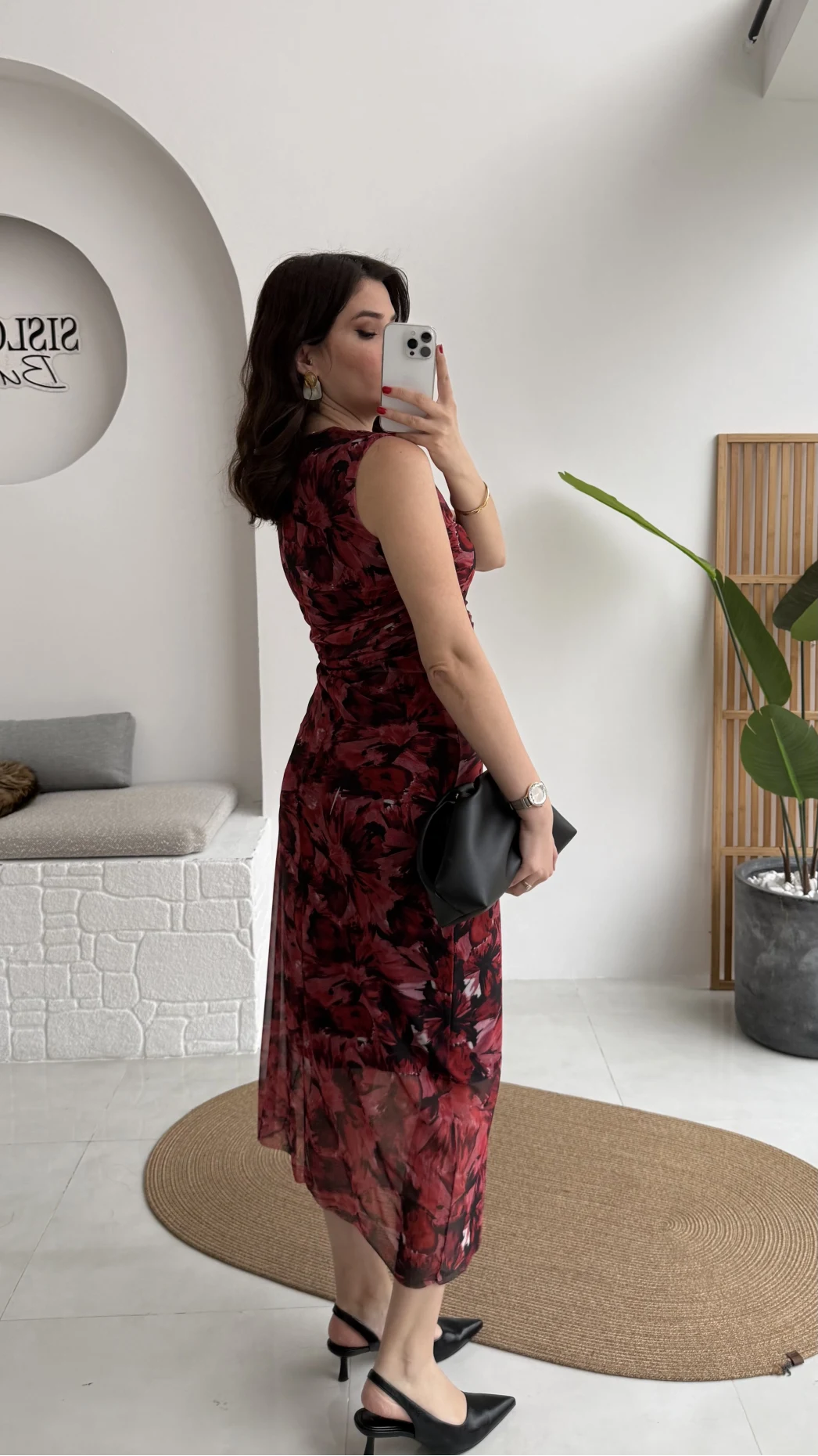 Drew Desenli Beli Büzgülü Sıfır Kol Tül Elbise - Bordo - Kod: 0900