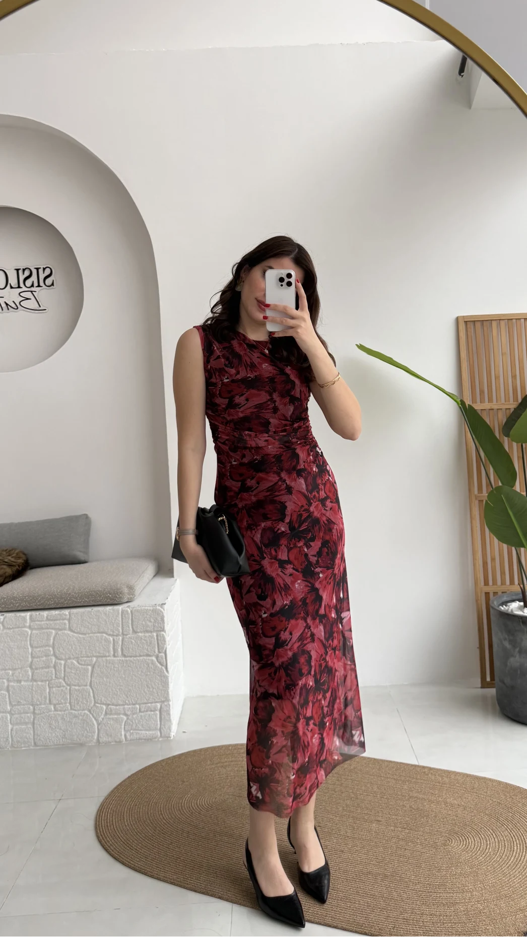 Drew Desenli Beli Büzgülü Sıfır Kol Tül Elbise - Bordo - Kod: 0900