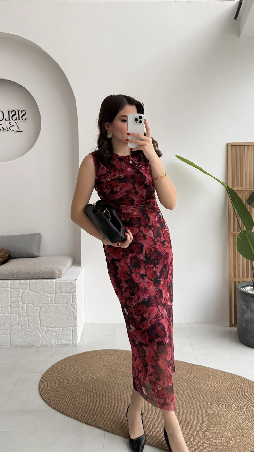 Drew Desenli Beli Büzgülü Sıfır Kol Tül Elbise - Bordo - Kod: 0900