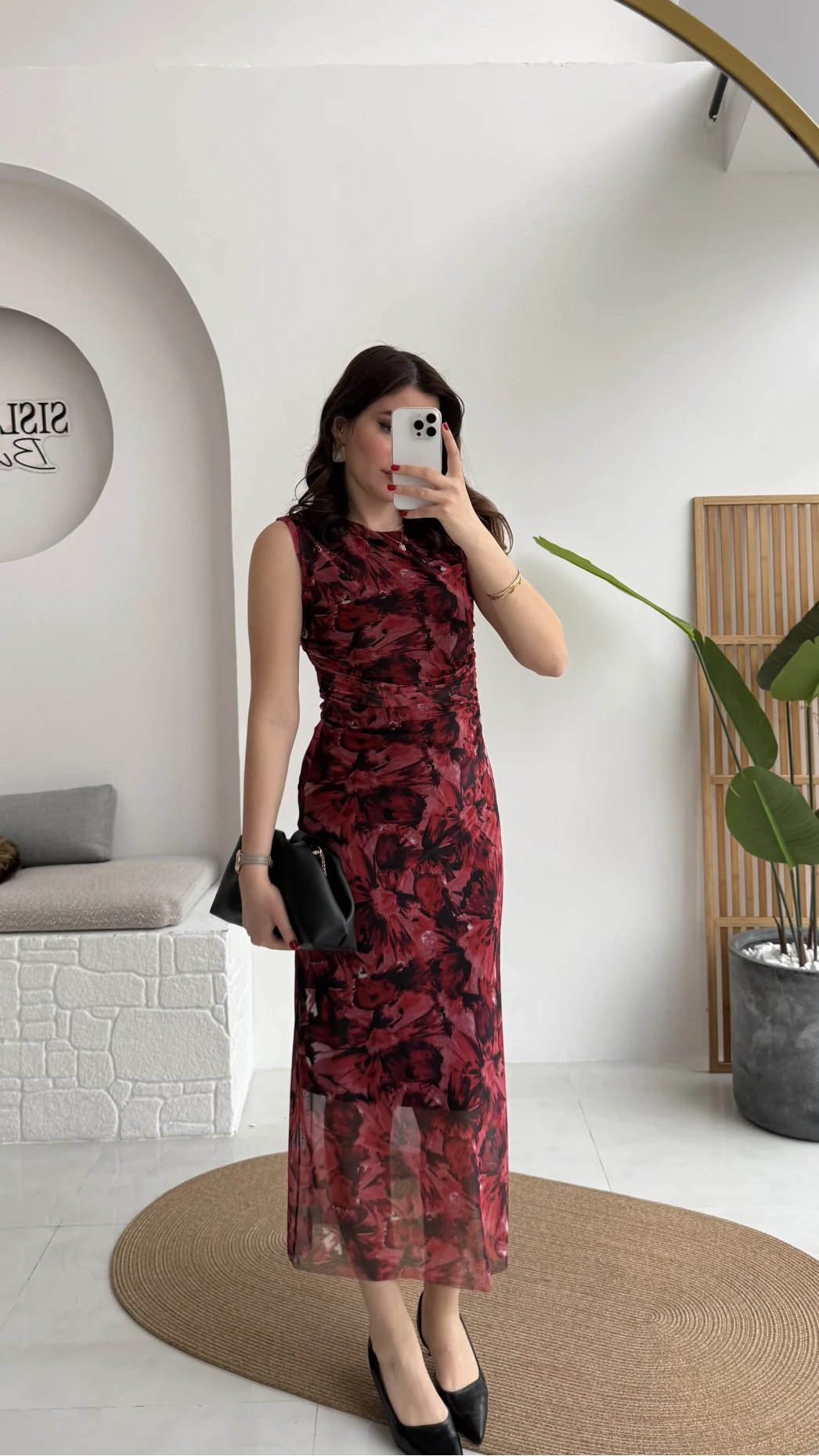 Drew Desenli Beli Büzgülü Sıfır Kol Tül Elbise - Bordo - Kod: 0900