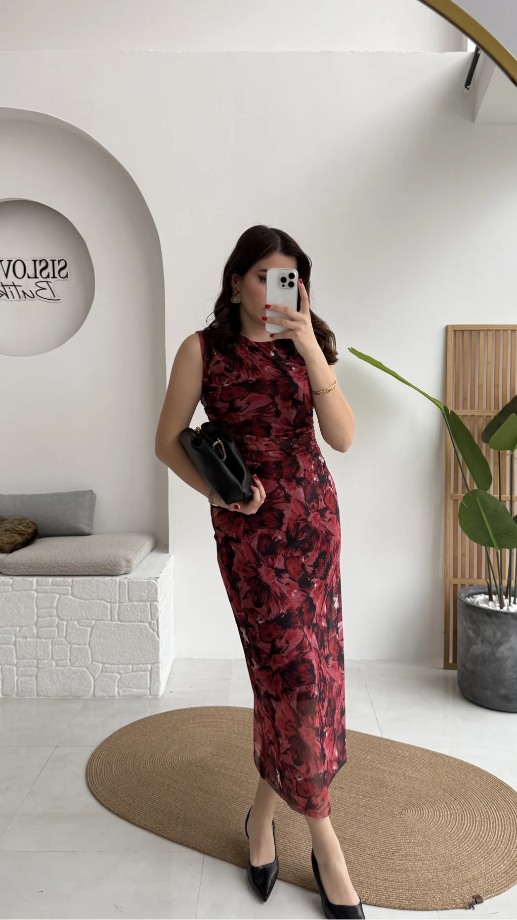 Drew Desenli Beli Büzgülü Sıfır Kol Tül Elbise - Bordo - Kod: 0900