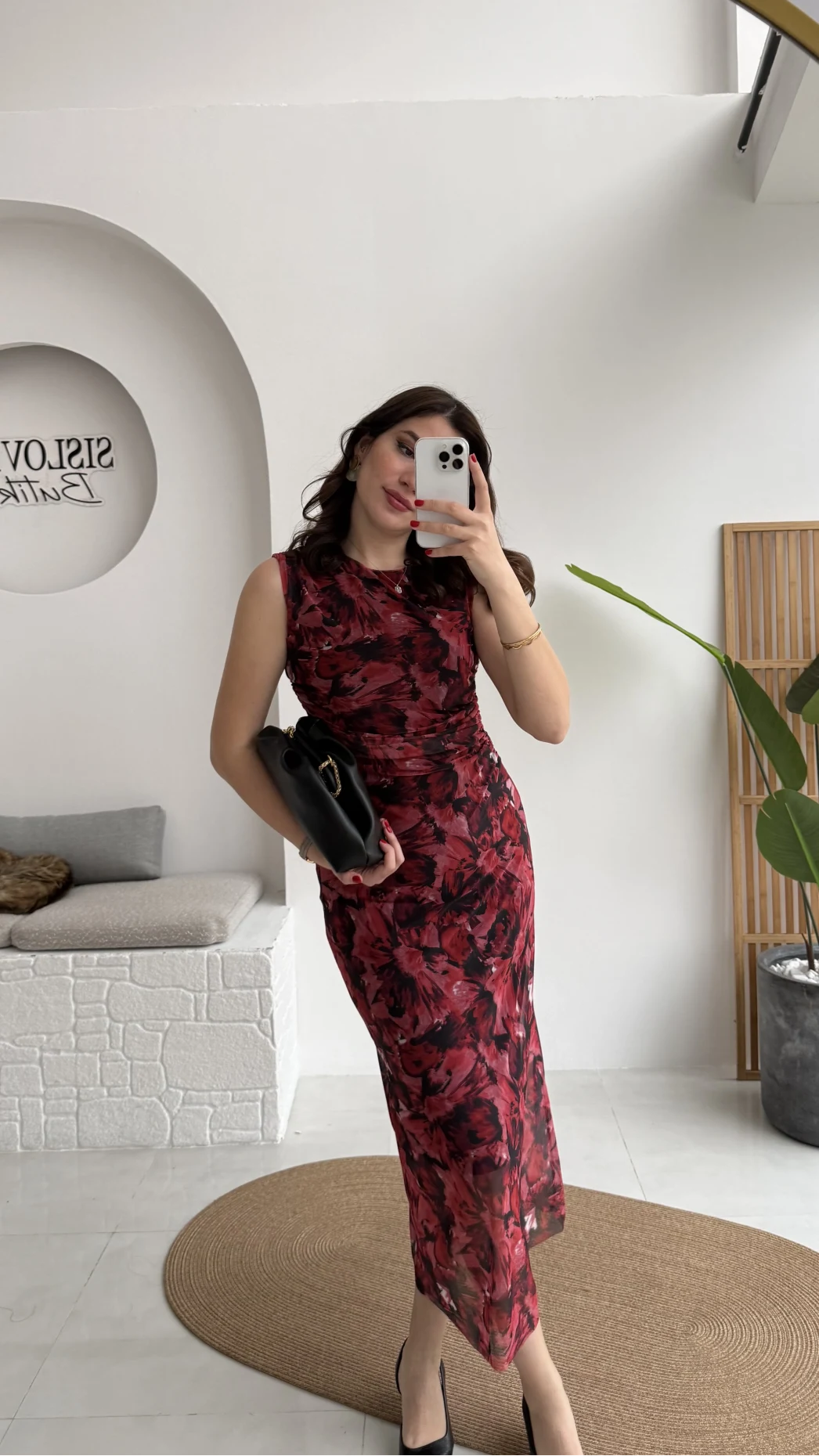 Drew Desenli Beli Büzgülü Sıfır Kol Tül Elbise - Bordo - Kod: 0900