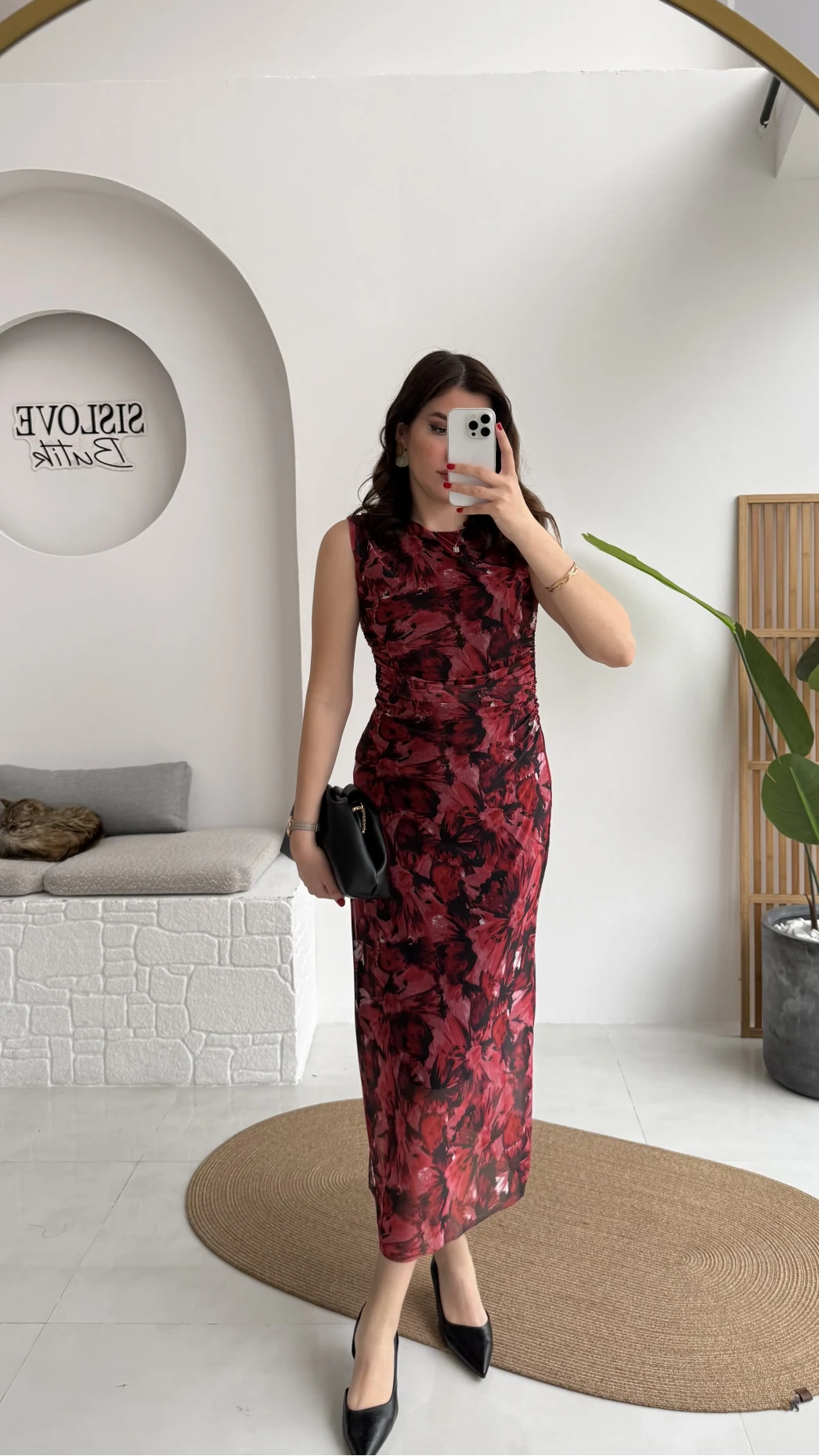 Drew Desenli Beli Büzgülü Sıfır Kol Tül Elbise - Bordo - Kod: 0900