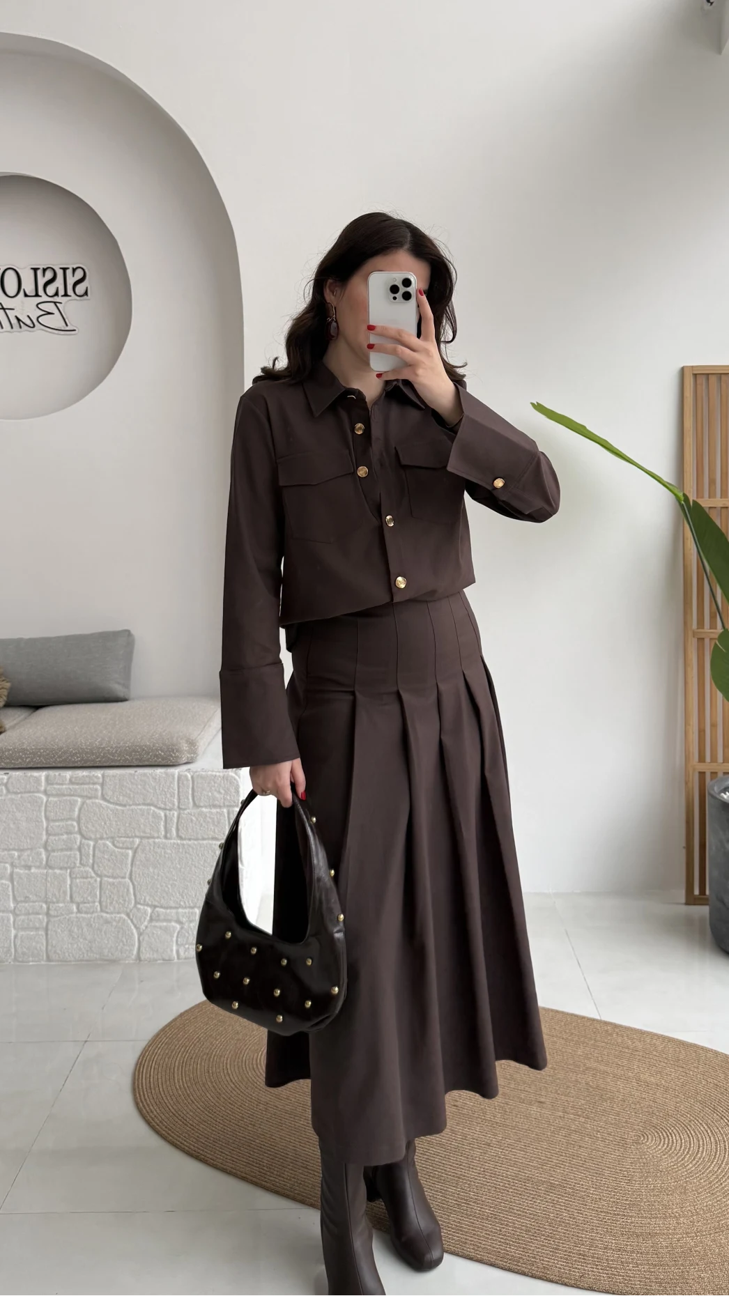 Loretta Pileli Etek Gömlek Takım - Acı Kahve - Kod: 266004