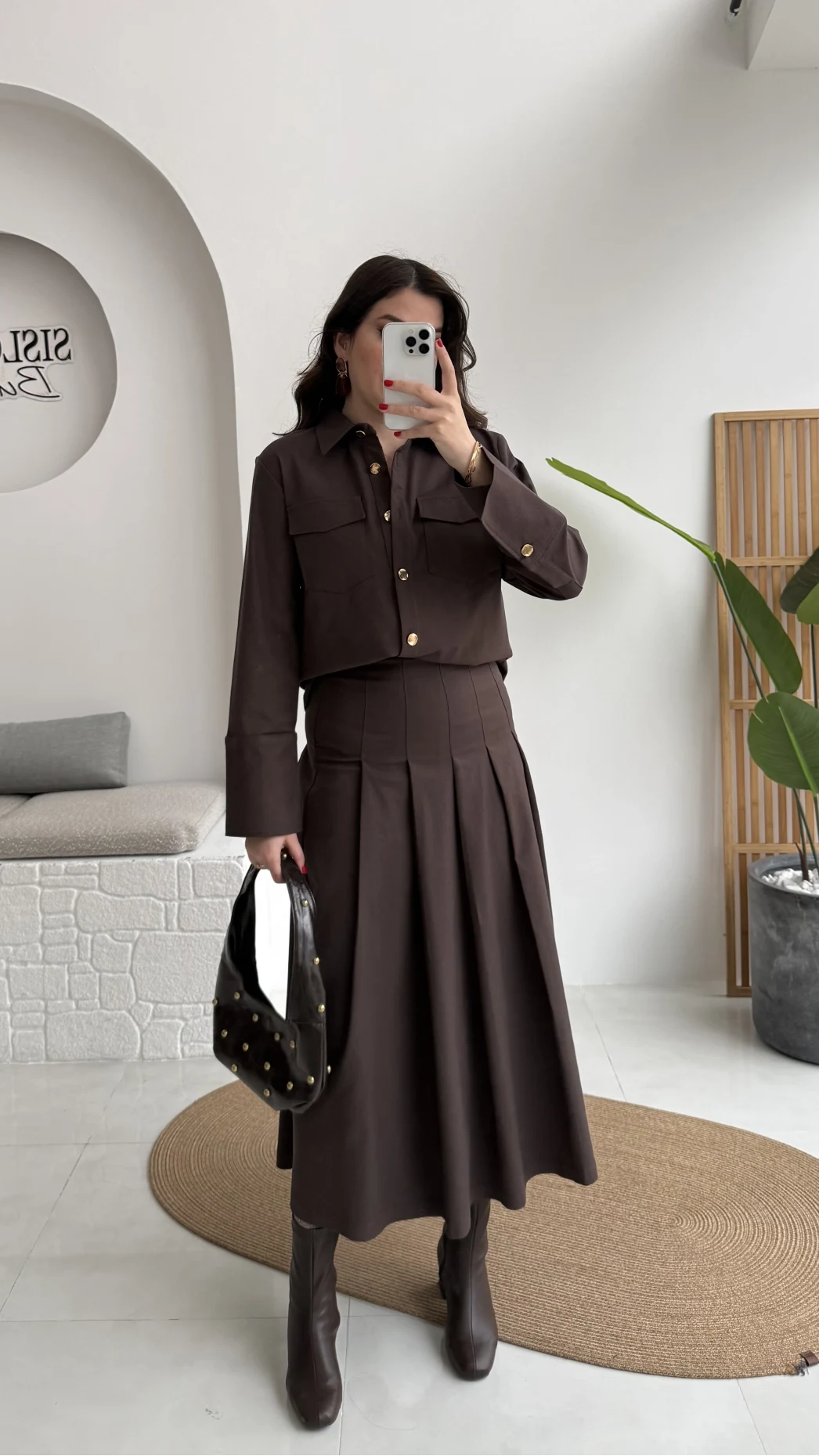 Loretta Pileli Etek Gömlek Takım - Acı Kahve - Kod: 266004