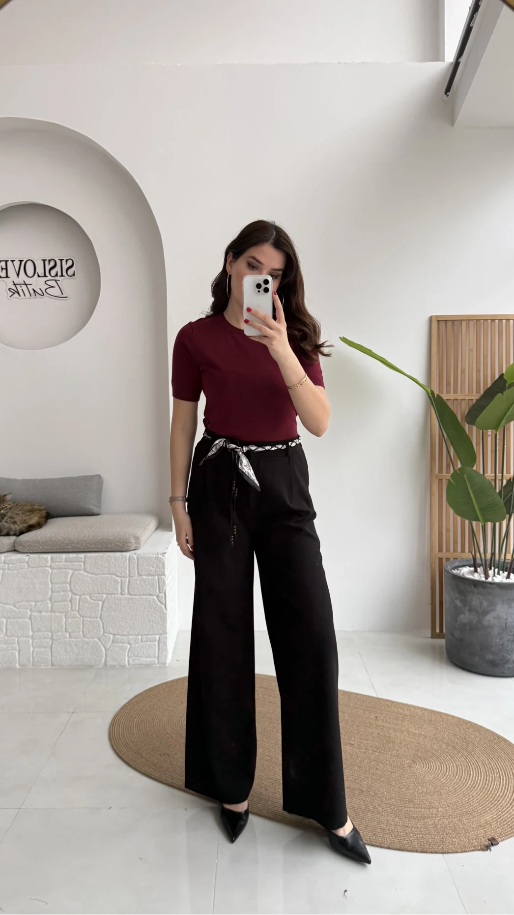 Kirsten Fular Kemerli Palazzo Pantolon - Siyah - Kod: 3860