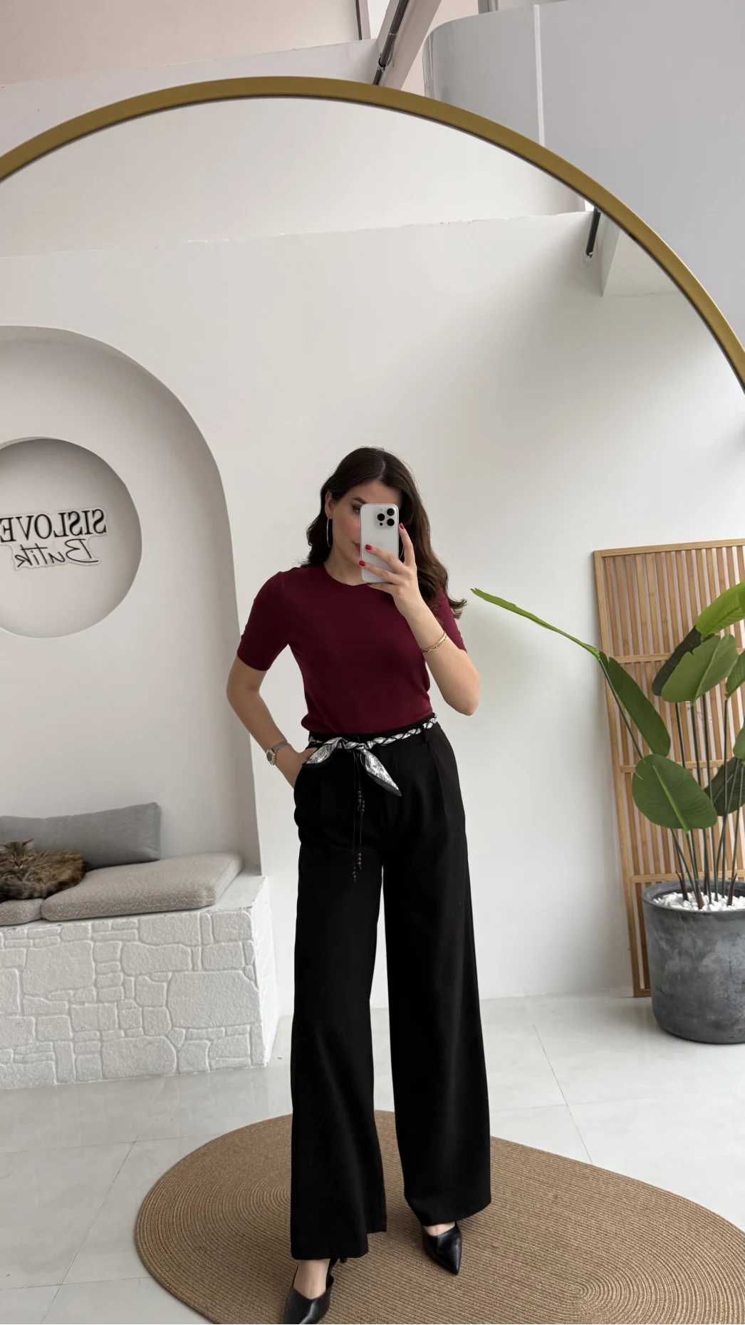 Kirsten Fular Kemerli Palazzo Pantolon - Siyah - Kod: 3860