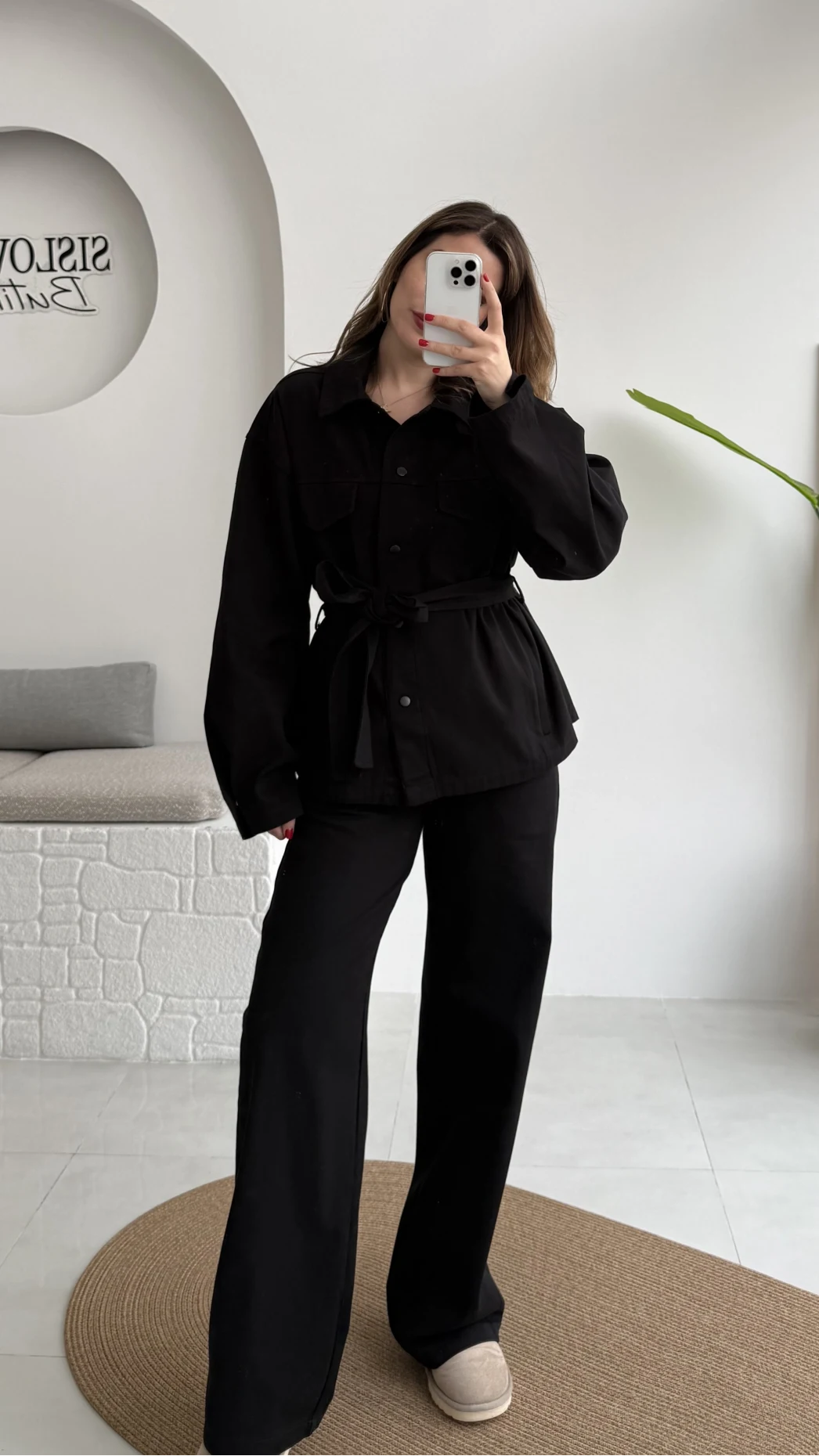 Kuşaklı Gabardin Takım - Siyah - Kod: 8897